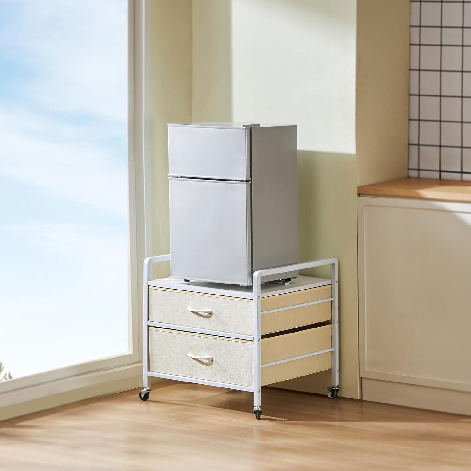 image:imageVEVOR Mini Fridge Stand with Storage 176 lbCapacity Mini Fridge Table with 2 Drawers amp 4 Swivel Wheels Mobile Mini Fridge Shelf Black Mini Fridge Organizer for Dorm Apartment Office BedroomWhite