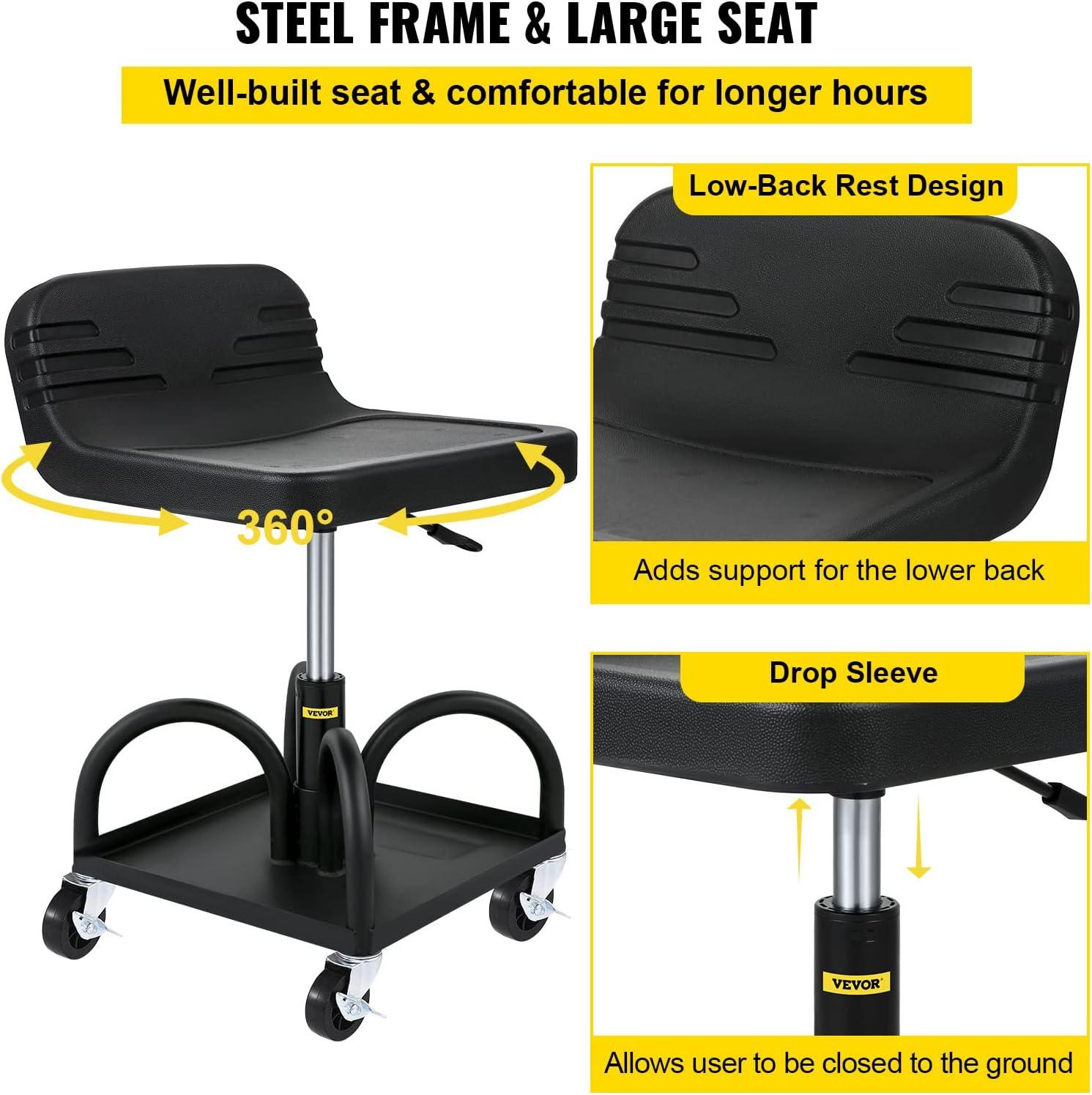image:imageVEVOR Mobile Rolling Seat 300LBS Capacity 157 to 205 Adjustable Height Mechanic Rolling Stool with Swivel Wheels and Tool Tray for Workshop Auto Repair Shop Black