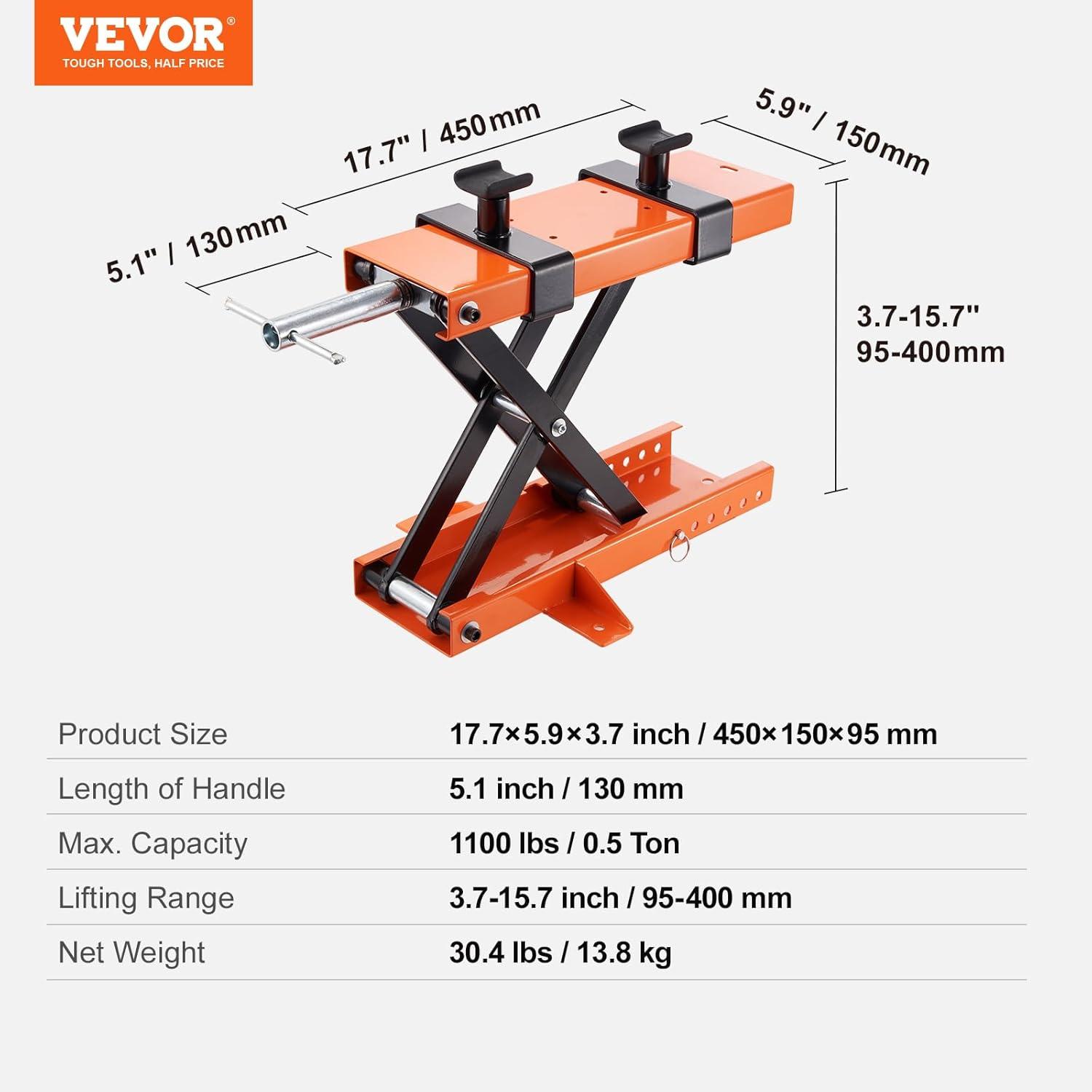image:imageVEVOR Motorcycle Lift 1100 LBS Motorcycle Lift ATV Scissor Lift Jack with Dolly amp Hand Crank Center Hoist Crank Stand with Wide Deck amp Tool Tray for Street Bikes Cruiser Bikes Touring Motorcycleswith saddle