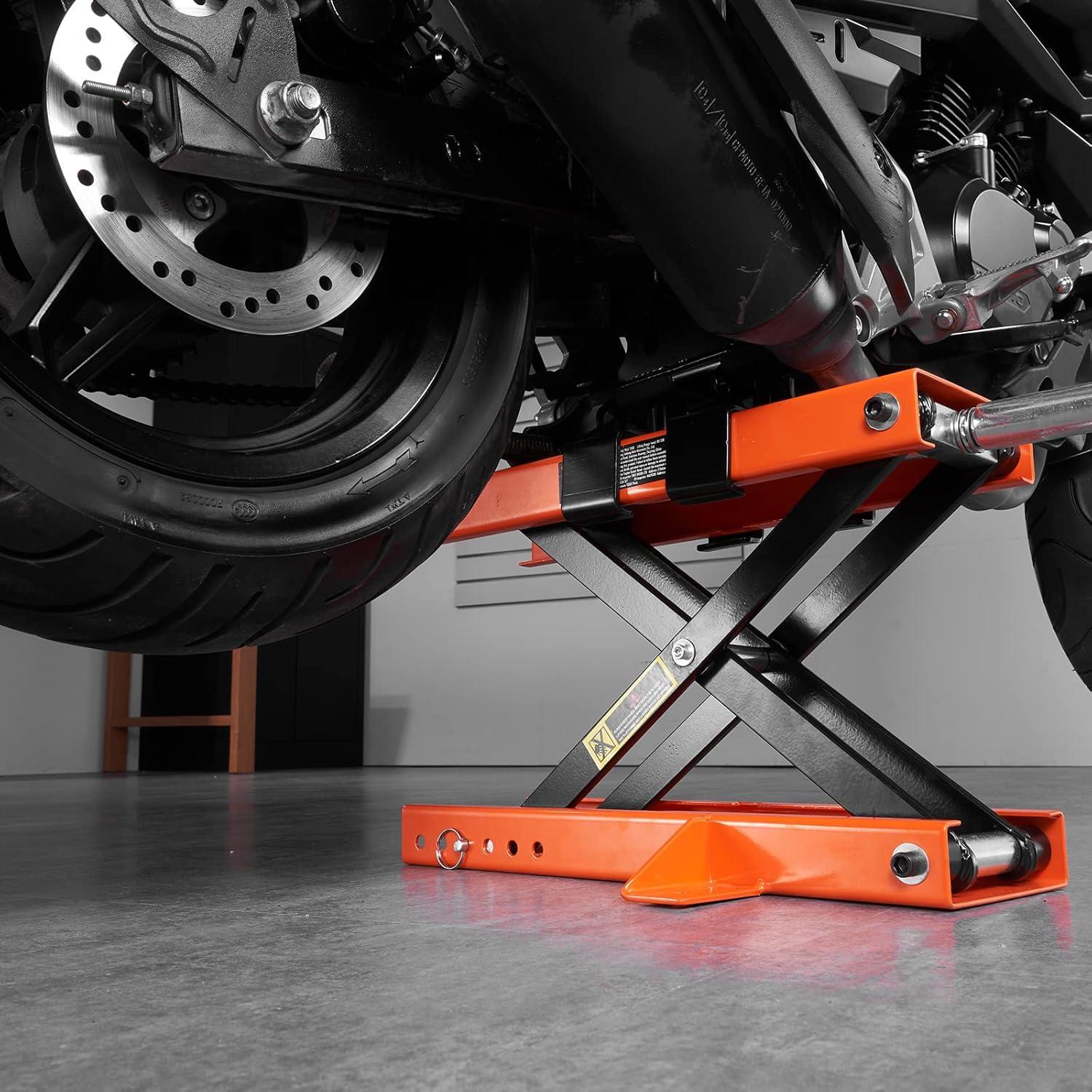 image:imageVEVOR Motorcycle Lift 1100 LBS Motorcycle Lift ATV Scissor Lift Jack with Dolly amp Hand Crank Center Hoist Crank Stand with Wide Deck amp Tool Tray for Street Bikes Cruiser Bikes Touring Motorcycleswith saddle