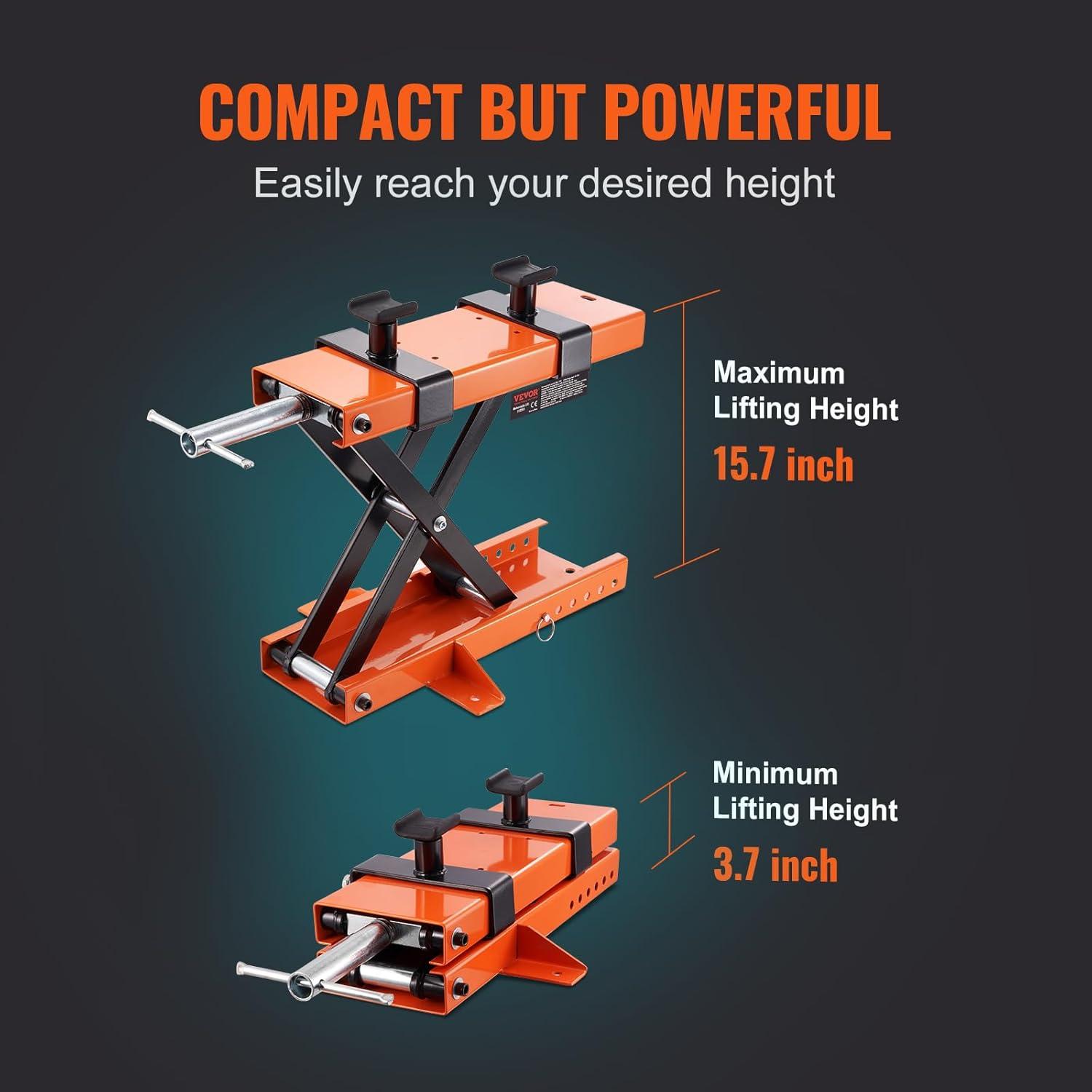 image:imageVEVOR Motorcycle Lift 1100 LBS Motorcycle Lift ATV Scissor Lift Jack with Dolly amp Hand Crank Center Hoist Crank Stand with Wide Deck amp Tool Tray for Street Bikes Cruiser Bikes Touring Motorcycleswith saddle