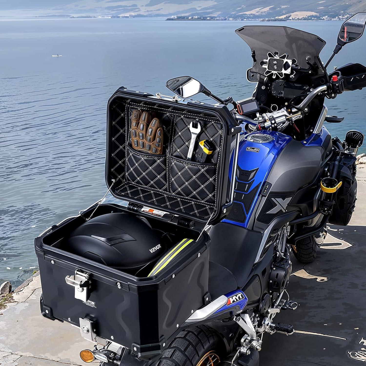 image:imageVEVOR Motorcycle Top Case 65L Universal Aluminum Alloy Motorbike Tail Box with Leather Lining Waterproof Detachable Motorcycle Top Box with Lock amp Back Cushion Fit for 99 of Motorcycle Frames45 L
