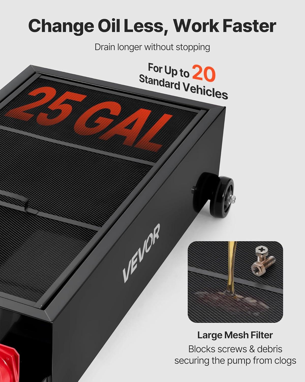 image:imageVEVOR Oil Drain Pan 15 Gallon Oil Drain Tank 57L Low Profile Oil Drain Pan Large Capacity Oil Change Pan Foldable Hand with Pump Hose Swivel Casters Wheels for Car SUV Trucks Oil Draining25 Gallon