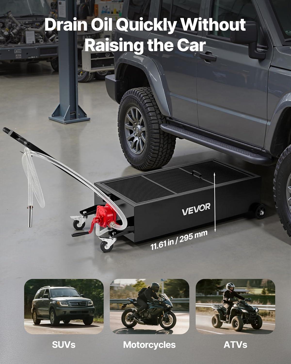 image:imageVEVOR Oil Drain Pan 15 Gallon Oil Drain Tank 57L Low Profile Oil Drain Pan Large Capacity Oil Change Pan Foldable Hand with Pump Hose Swivel Casters Wheels for Car SUV Trucks Oil Draining25 Gallon