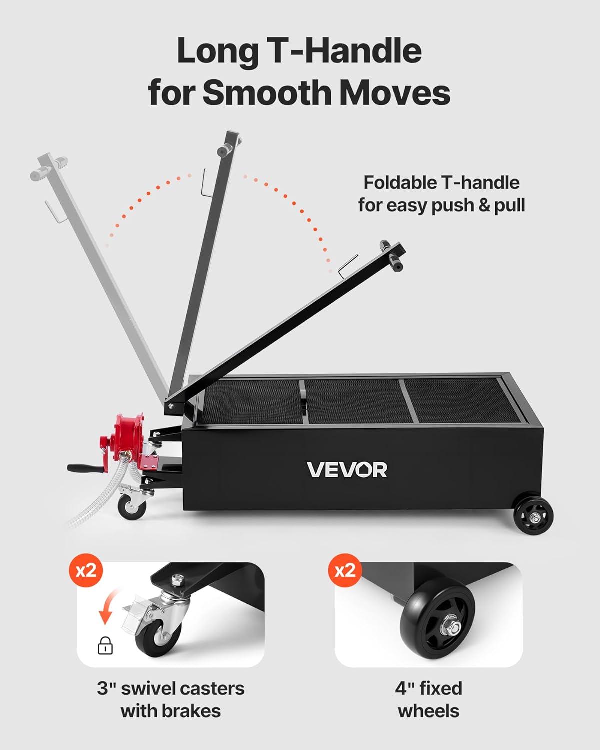 image:imageVEVOR Oil Drain Pan 15 Gallon Oil Drain Tank 57L Low Profile Oil Drain Pan Large Capacity Oil Change Pan Foldable Hand with Pump Hose Swivel Casters Wheels for Car SUV Trucks Oil Draining25 Gallon