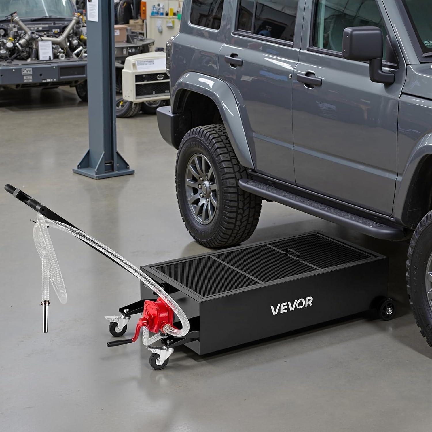 image:imageVEVOR Oil Drain Pan 15 Gallon Oil Drain Tank 57L Low Profile Oil Drain Pan Large Capacity Oil Change Pan Foldable Hand with Pump Hose Swivel Casters Wheels for Car SUV Trucks Oil Draining25 Gallon