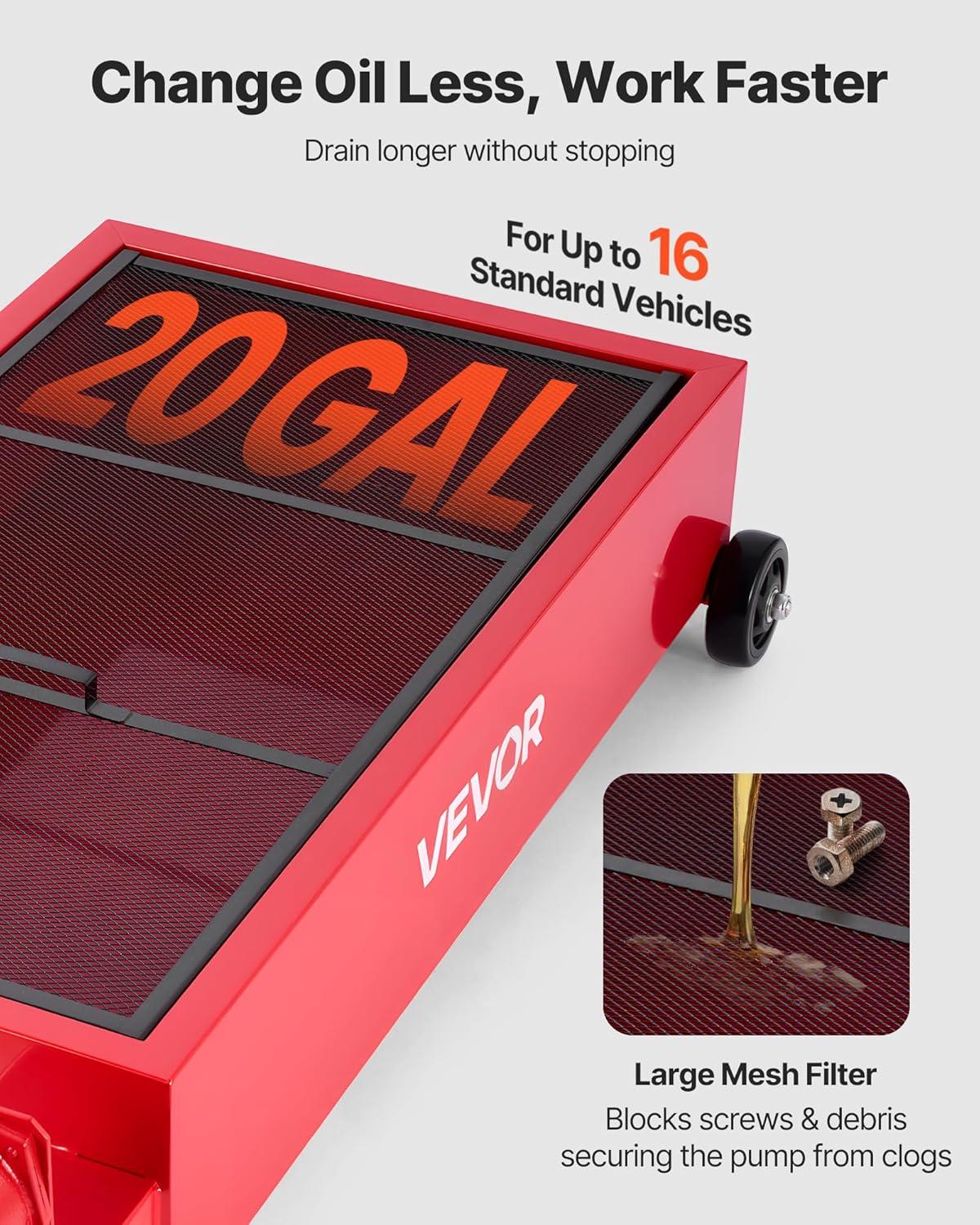 image:imageVEVOR Oil Drain Pan 15 Gallon Oil Drain Tank 57L Low Profile Oil Drain Pan Large Capacity Oil Change Pan Foldable Hand with Pump Hose Swivel Casters Wheels for Car SUV Trucks Oil Draining20 Gallon
