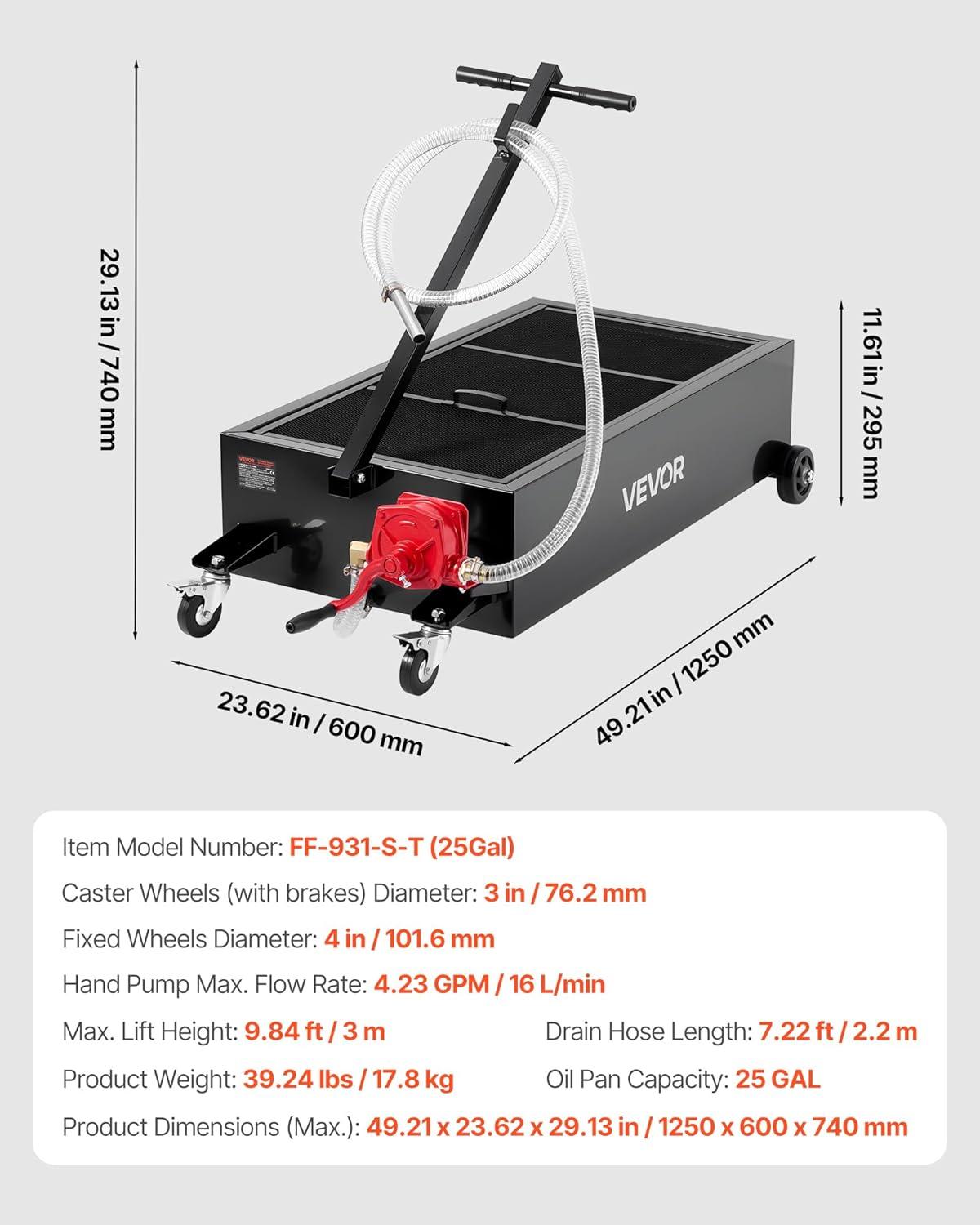 image:imageVEVOR Oil Drain Pan 15 Gallon Oil Drain Tank 57L Low Profile Oil Drain Pan Large Capacity Oil Change Pan Foldable Hand with Pump Hose Swivel Casters Wheels for Car SUV Trucks Oil Draining25 Gallon