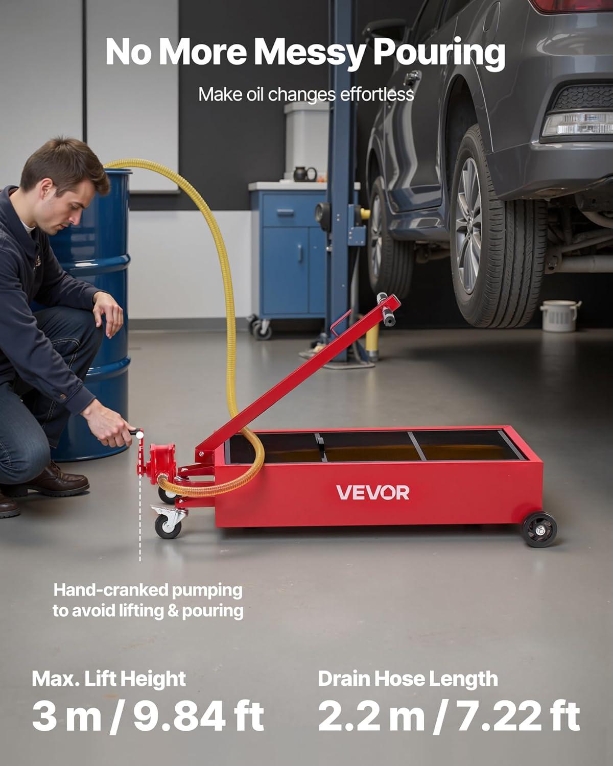 image:imageVEVOR Oil Drain Pan 15 Gallon Oil Drain Tank 57L Low Profile Oil Drain Pan Large Capacity Oil Change Pan Foldable Hand with Pump Hose Swivel Casters Wheels for Car SUV Trucks Oil Draining20 Gallon