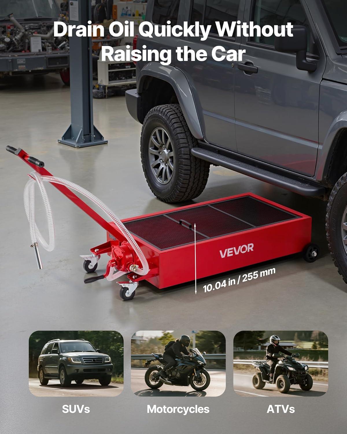 image:imageVEVOR Oil Drain Pan 15 Gallon Oil Drain Tank 57L Low Profile Oil Drain Pan Large Capacity Oil Change Pan Foldable Hand with Pump Hose Swivel Casters Wheels for Car SUV Trucks Oil Draining20 Gallon