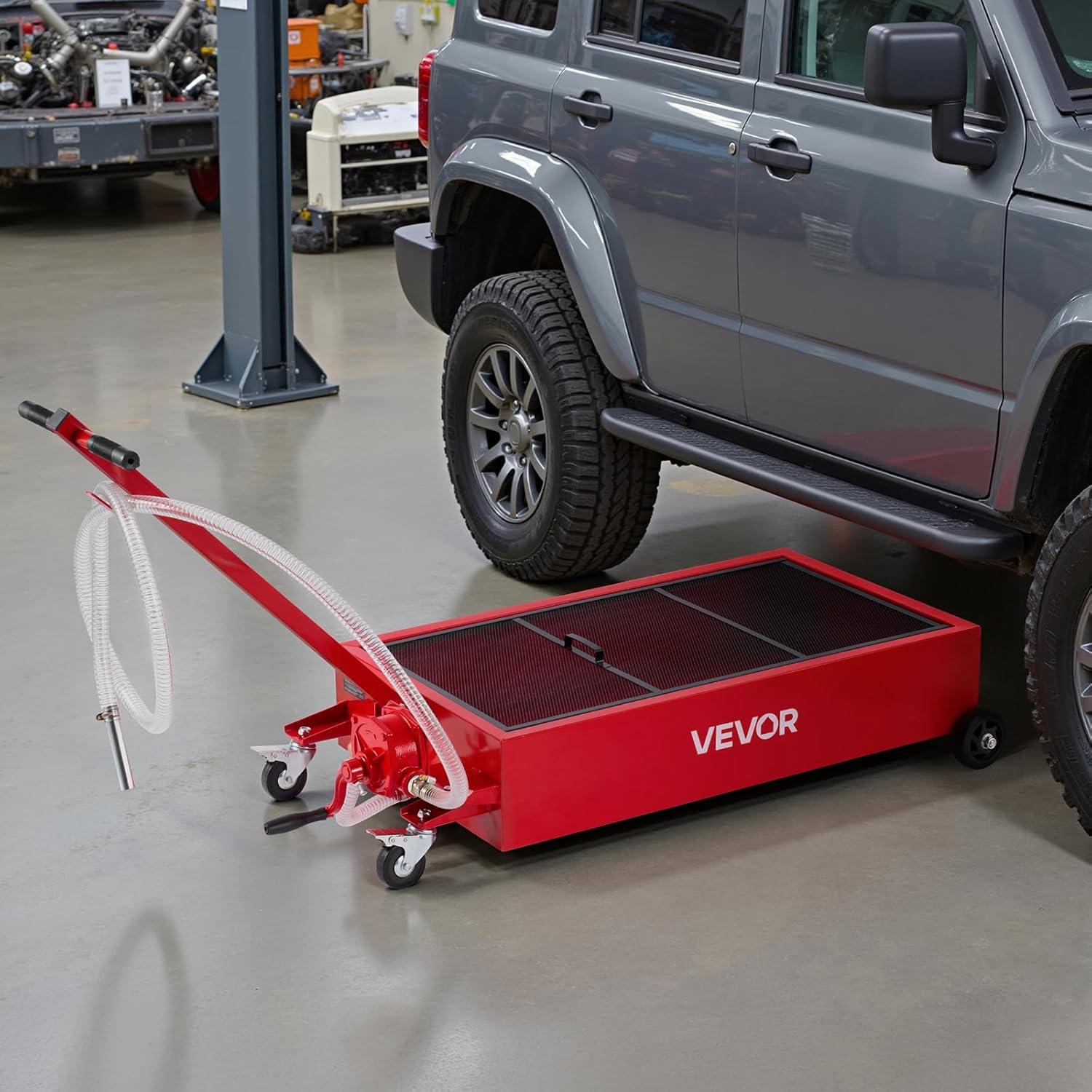 image:imageVEVOR Oil Drain Pan 15 Gallon Oil Drain Tank 57L Low Profile Oil Drain Pan Large Capacity Oil Change Pan Foldable Hand with Pump Hose Swivel Casters Wheels for Car SUV Trucks Oil Draining20 Gallon