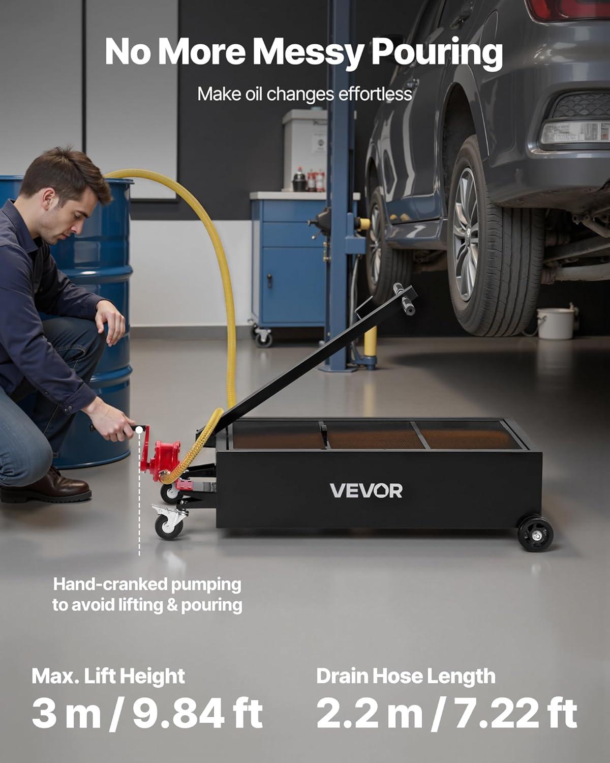image:imageVEVOR Oil Drain Pan 15 Gallon Oil Drain Tank 57L Low Profile Oil Drain Pan Large Capacity Oil Change Pan Foldable Hand with Pump Hose Swivel Casters Wheels for Car SUV Trucks Oil Draining25 Gallon