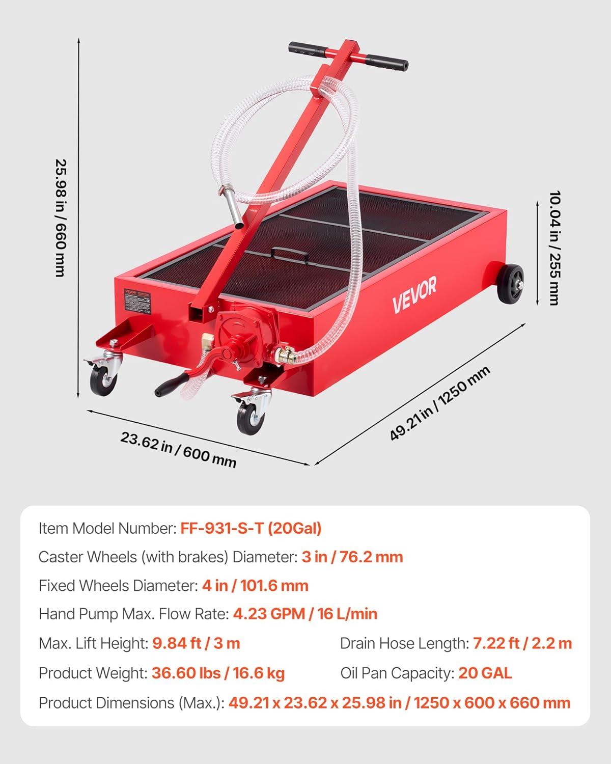 image:imageVEVOR Oil Drain Pan 15 Gallon Oil Drain Tank 57L Low Profile Oil Drain Pan Large Capacity Oil Change Pan Foldable Hand with Pump Hose Swivel Casters Wheels for Car SUV Trucks Oil Draining20 Gallon
