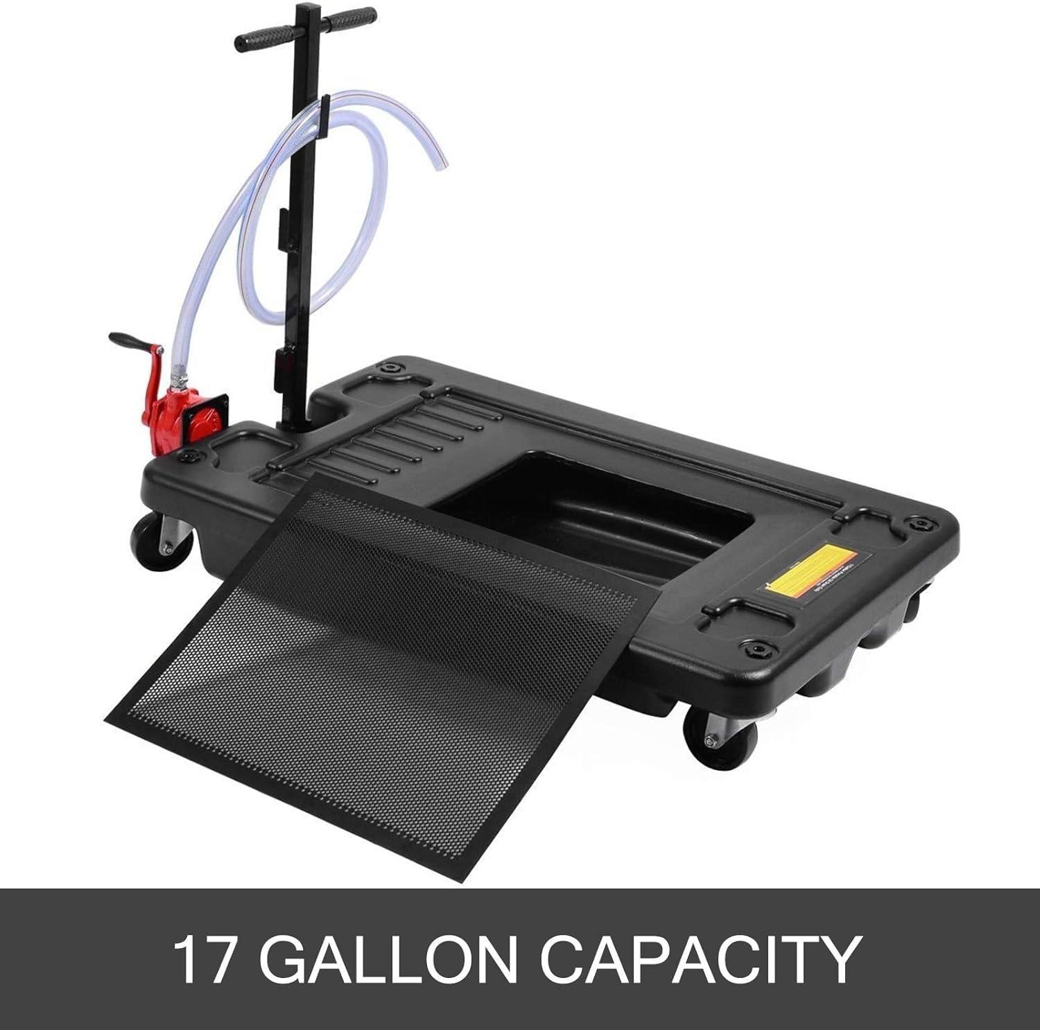 image:imageVEVOR Oil Drain Pan 18 Gallon Oil Drain Tank 68L Low Profile Oil Drain Pan Large Capacity Oil Change Pan Foldable Hand with Pump Hose Swivel Casters Wheels for Car SUV Trucks Oil Draining17 Gallon Hand Pump