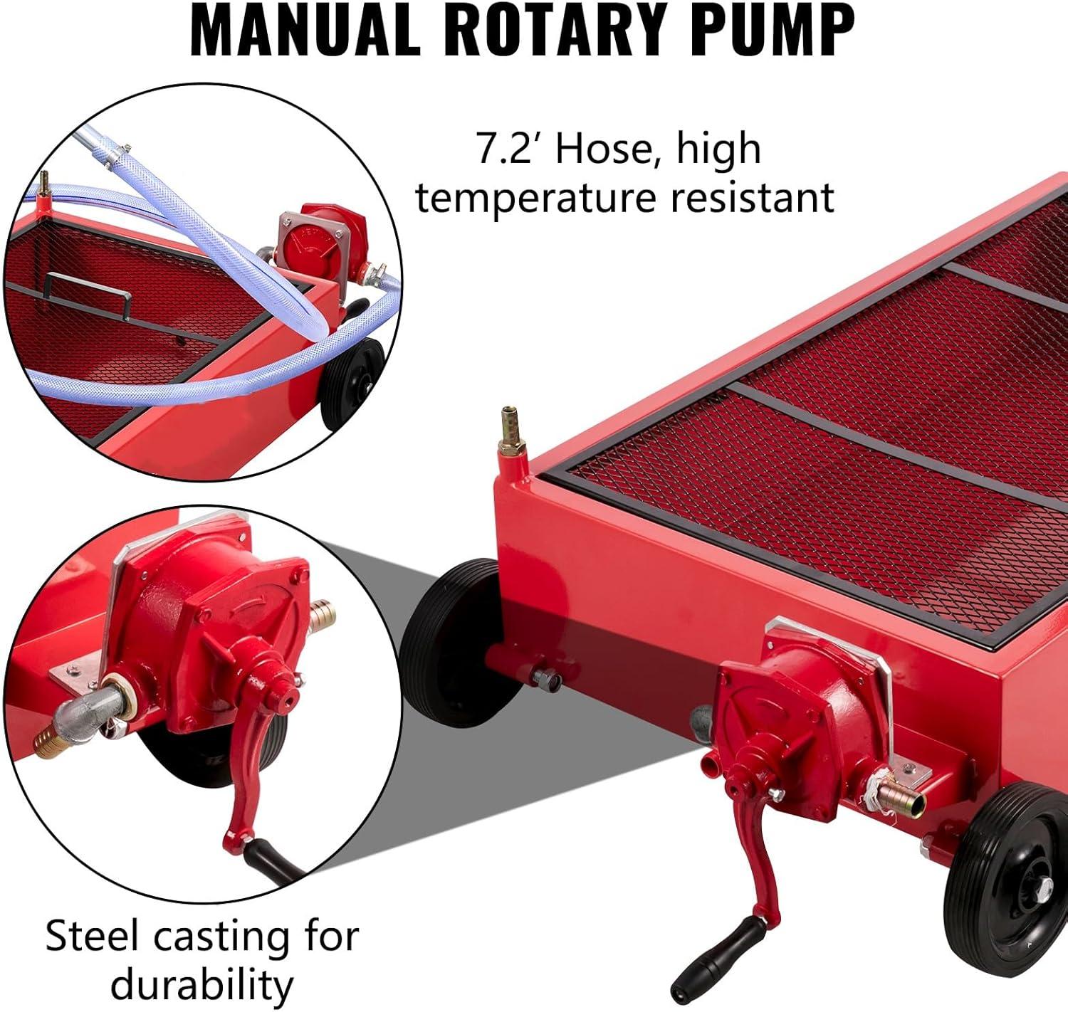 image:imageVEVOR Oil Drain Pan 18 Gallon Oil Drain Tank 68L Low Profile Oil Drain Pan Large Capacity Oil Change Pan Foldable Hand with Pump Hose Swivel Casters Wheels for Car SUV Trucks Oil Draining18 Gallon Hand Pump