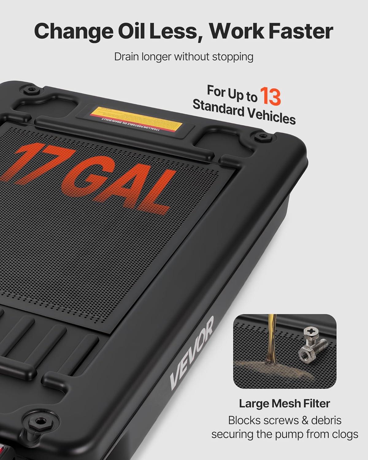 image:imageVEVOR Oil Drain Pan 18 Gallon Oil Drain Tank 68L Low Profile Oil Drain Pan Large Capacity Oil Change Pan Foldable Hand with Pump Hose Swivel Casters Wheels for Car SUV Trucks Oil Draining17 Gallon Electric Pump