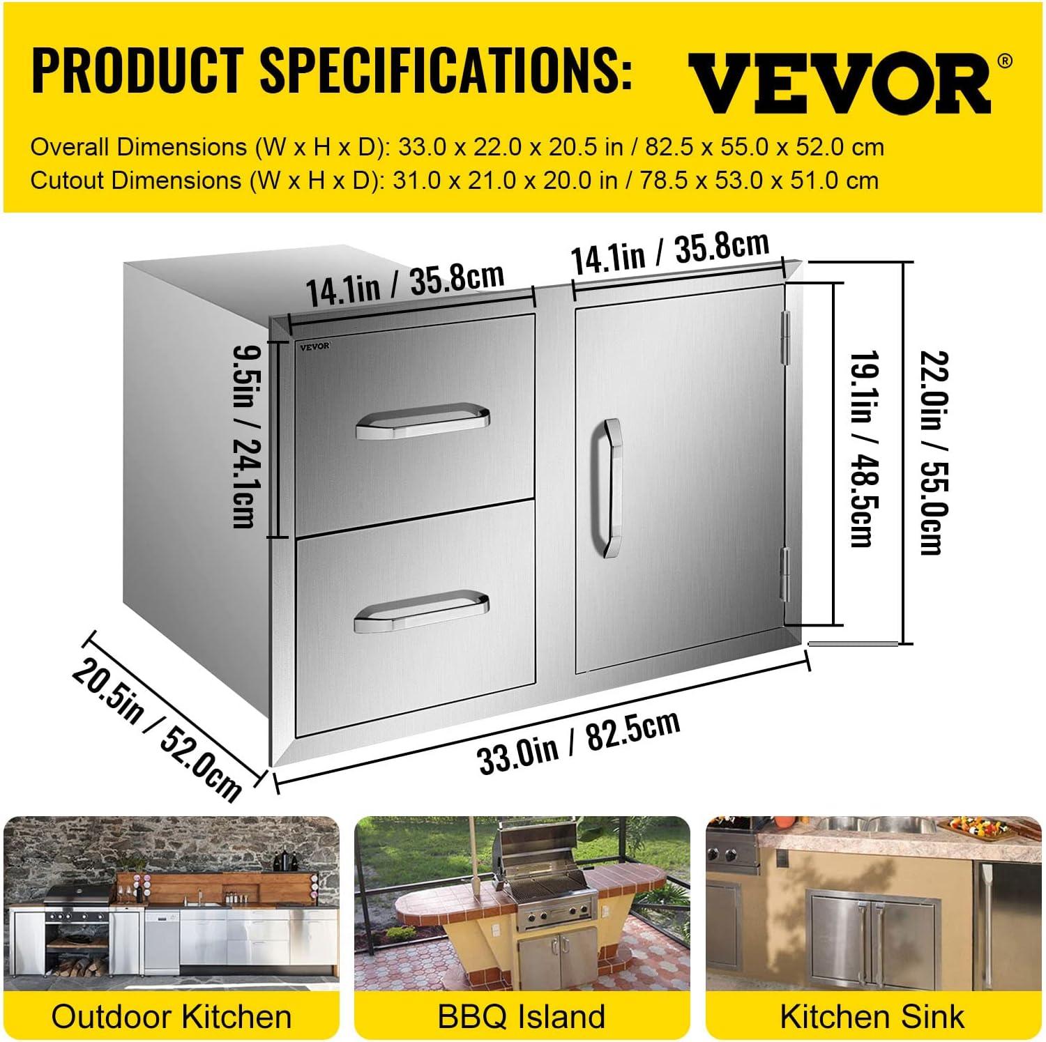 image:imageVEVOR Outdoor Kitchen Door Drawer Combo 325 W x 216 H x 205D Access DoorDouble Drawers with Paper Towel Rack Stainless Steel Handles for BBQ Islands