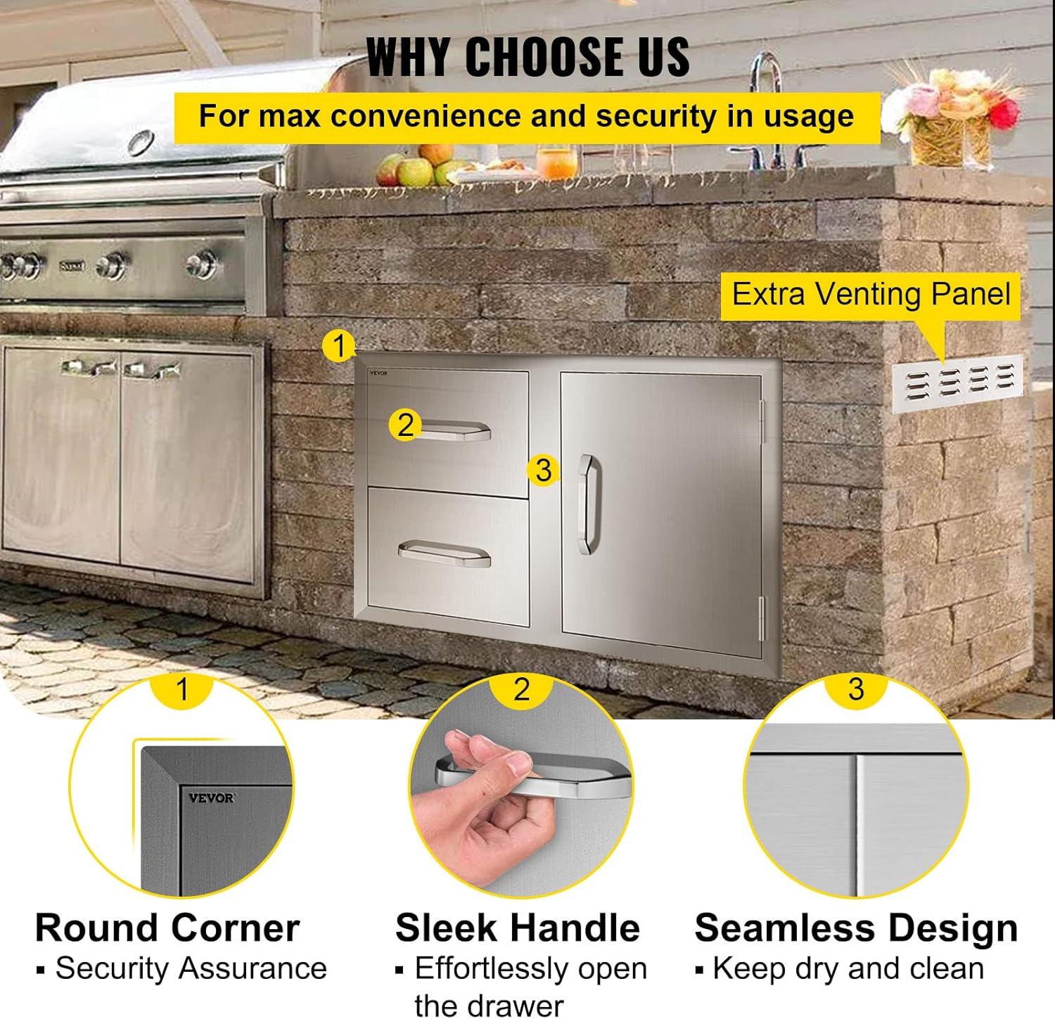 image:imageVEVOR Outdoor Kitchen Door Drawer Combo 325 W x 216 H x 205D Access DoorDouble Drawers with Paper Towel Rack Stainless Steel Handles for BBQ Islands