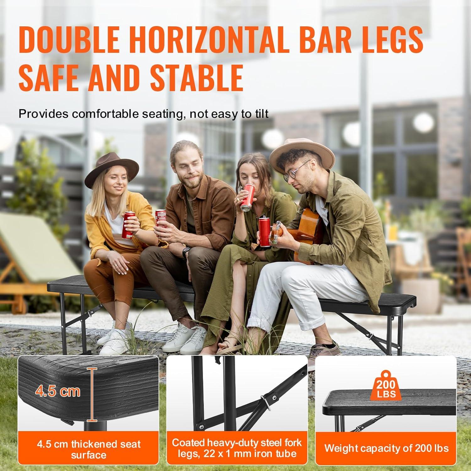image:imageVEVOR Plastic Folding Bench 6ft Portable Folding Bench Smooth High Density Polyethylene Waterproof Outdoor Bench Picnic Camping Table with Handle for Garden Soccer Playtime White 1 PackBlack