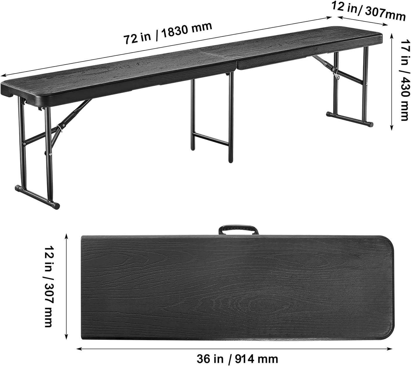 image:imageVEVOR Plastic Folding Bench 6ft Portable Folding Bench Smooth High Density Polyethylene Waterproof Outdoor Bench Picnic Camping Table with Handle for Garden Soccer Playtime White 1 PackBlack