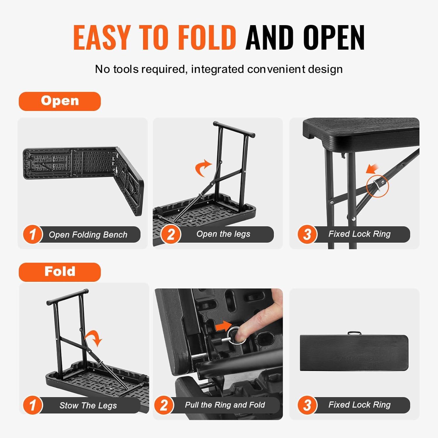 image:imageVEVOR Plastic Folding Bench 6ft Portable Folding Bench Smooth High Density Polyethylene Waterproof Outdoor Bench Picnic Camping Table with Handle for Garden Soccer Playtime White 1 PackBlack