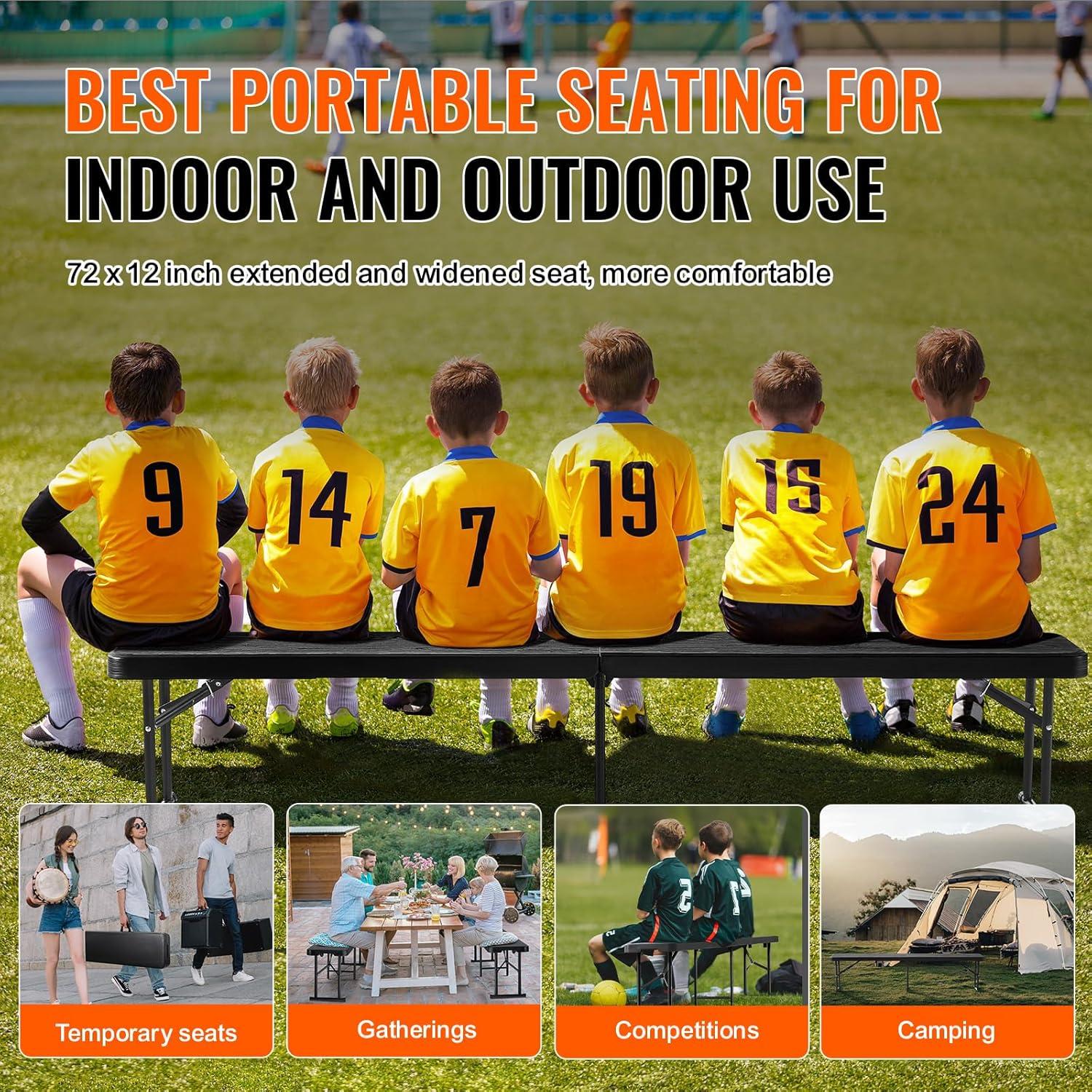 image:imageVEVOR Plastic Folding Bench 6ft Portable Folding Bench Smooth High Density Polyethylene Waterproof Outdoor Bench Picnic Camping Table with Handle for Garden Soccer Playtime White 1 PackBlack