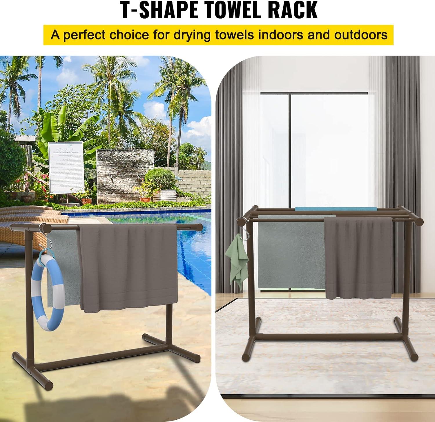 image:imageVEVOR Pool Towel Rack 5 Bar Brown Freestanding Outdoor PVC TShape Poolside Storage Organizer Include 8 Towel Clips Mesh Bag Hook Also Stores Floats and Paddles for Beach Swimming Pool HomeBrown