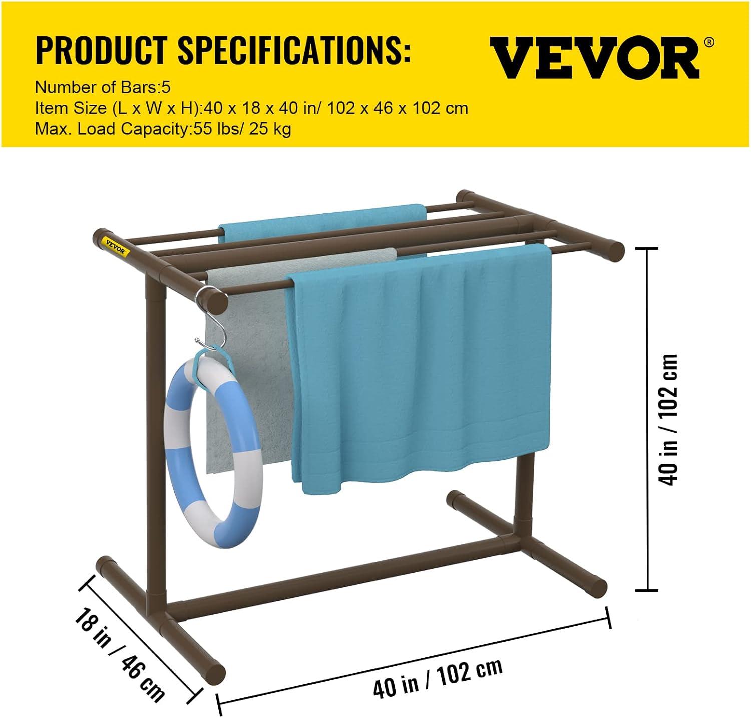 image:imageVEVOR Pool Towel Rack 5 Bar Brown Freestanding Outdoor PVC TShape Poolside Storage Organizer Include 8 Towel Clips Mesh Bag Hook Also Stores Floats and Paddles for Beach Swimming Pool HomeBrown