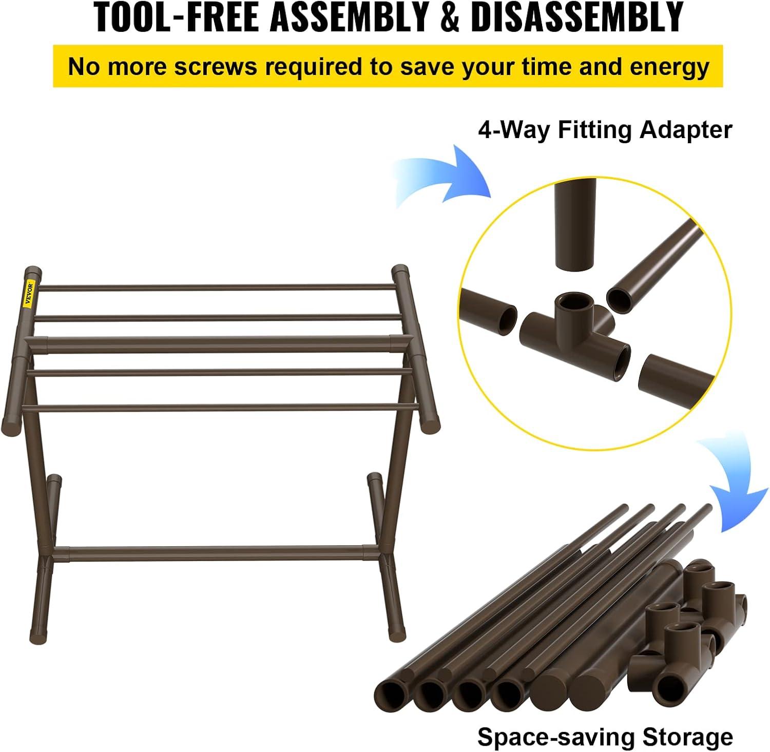 image:imageVEVOR Pool Towel Rack 5 Bar Brown Freestanding Outdoor PVC TShape Poolside Storage Organizer Include 8 Towel Clips Mesh Bag Hook Also Stores Floats and Paddles for Beach Swimming Pool HomeBrown