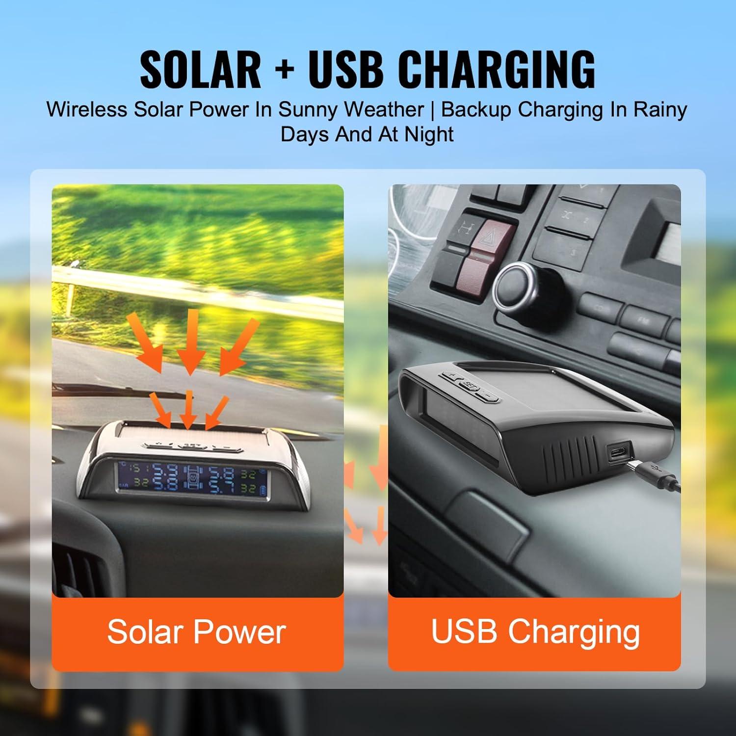 image:imageVEVOR RV Tire Pressure Monitoring System 73116 PSI Trailer TPMS 6 Tire with 6 Sensors 5 Alarm Modes Waterproof TPMS Sensors Set Solar Charge and Realtime Display Signal Boostersolar power and USB
