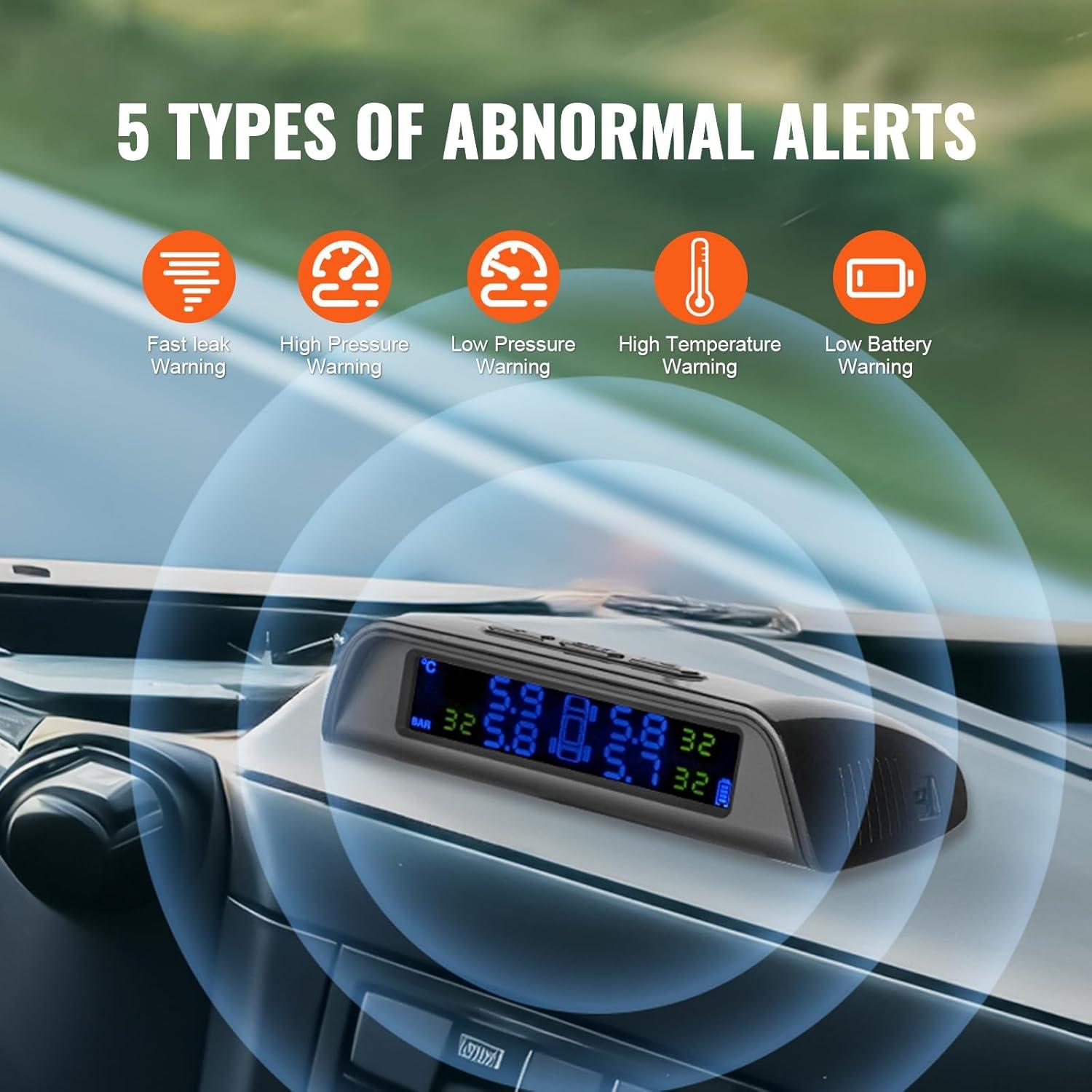 image:imageVEVOR RV Tire Pressure Monitoring System 73116 PSI Trailer TPMS 6 Tire with 6 Sensors 5 Alarm Modes Waterproof TPMS Sensors Set Solar Charge and Realtime Display Signal Boostersolar power and USB