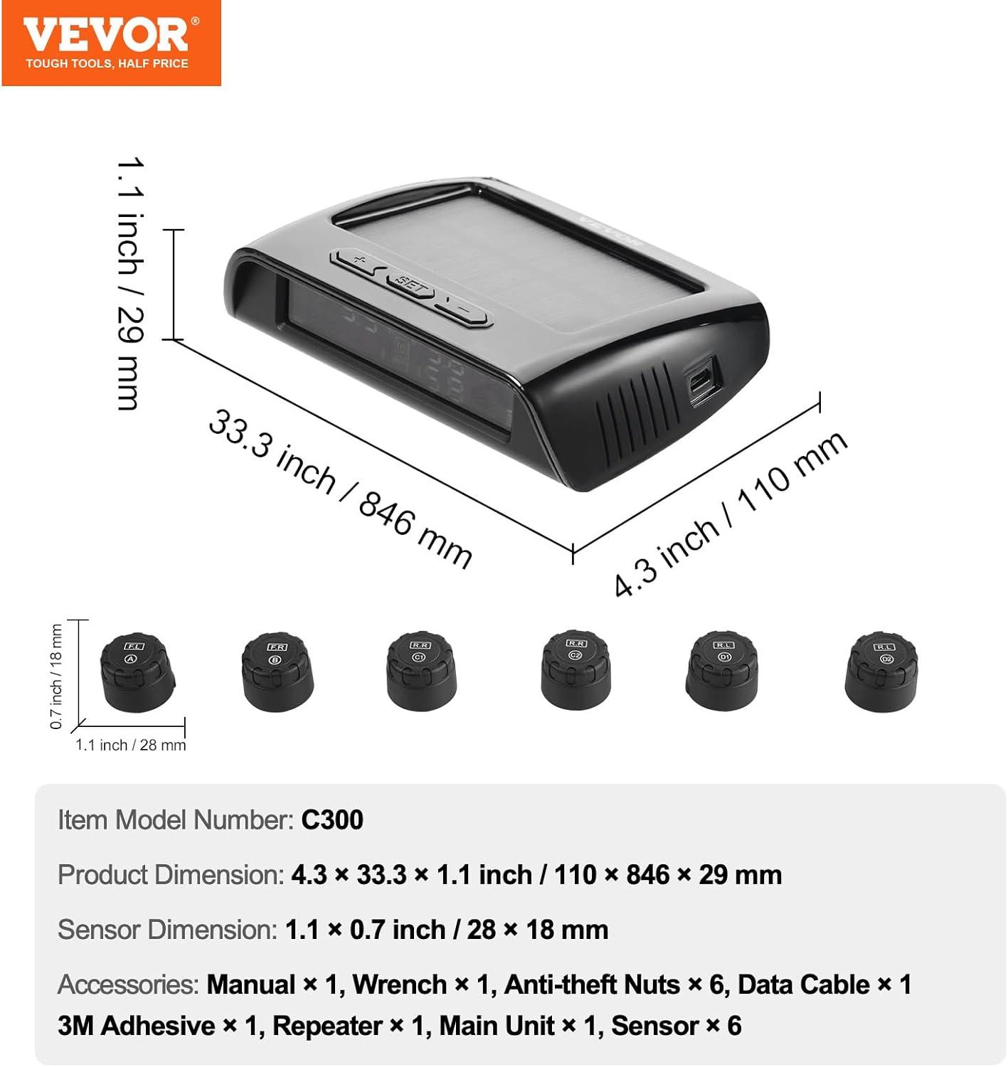 image:imageVEVOR RV Tire Pressure Monitoring System 73116 PSI Trailer TPMS 6 Tire with 6 Sensors 5 Alarm Modes Waterproof TPMS Sensors Set Solar Charge and Realtime Display Signal Boostersolar power and USB