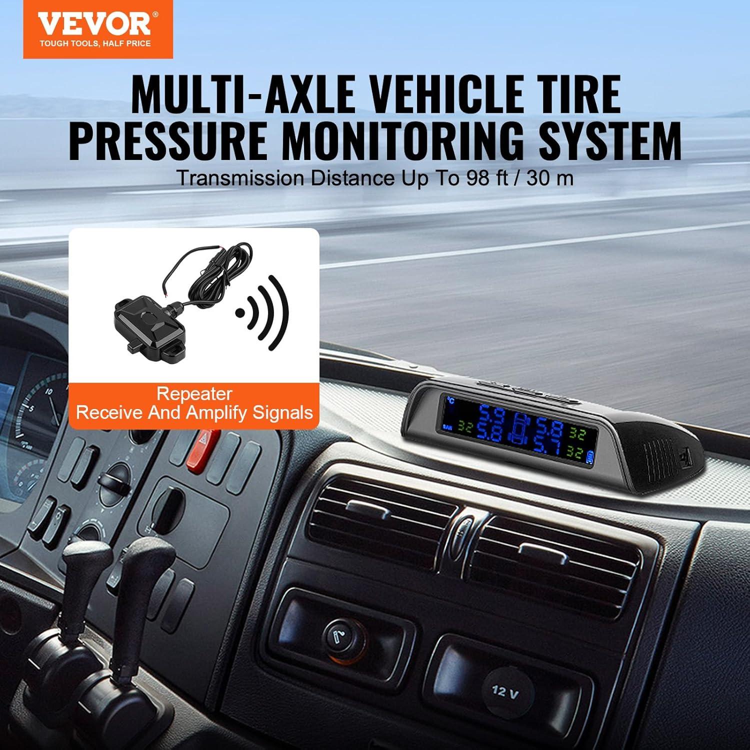 image:imageVEVOR RV Tire Pressure Monitoring System 73116 PSI Trailer TPMS 6 Tire with 6 Sensors 5 Alarm Modes Waterproof TPMS Sensors Set Solar Charge and Realtime Display Signal Boostersolar power and USB