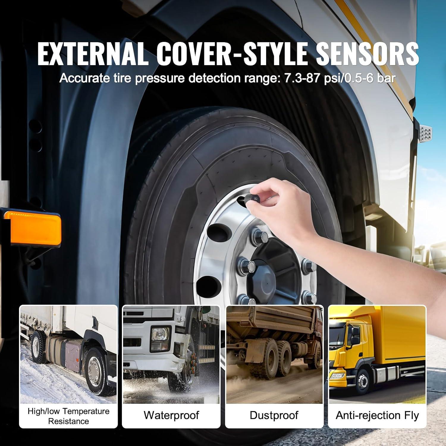 image:imageVEVOR RV Tire Pressure Monitoring System 73116 PSI Trailer TPMS 6 Tire with 6 Sensors 5 Alarm Modes Waterproof TPMS Sensors Set Solar Charge and Realtime Display Signal Boostersolar power and USB