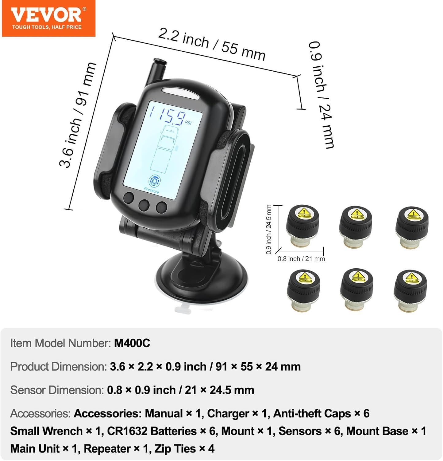 image:imageVEVOR RV Tire Pressure Monitoring System Monitor up to 22 Tires TPMS RV Tire Pressure Realtime with 6 Sensors 7 Alarm Modes 1 Signal Booster Waterproof 0199 PSI