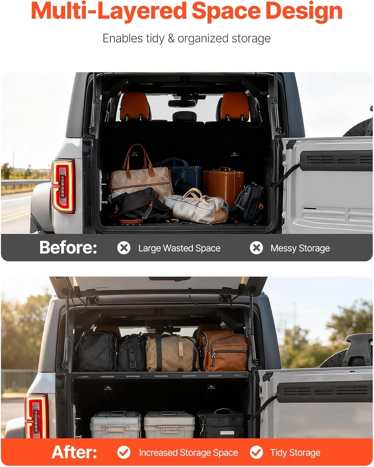 image:imageVEVOR Rear Trunk Cargo Rack with Net 20072024 Jeep Wrangler JK 4 Door hardtops 300 lbs Capacity Carbon Steel Basket Tray Interior Storage Luggage Carrier Shelf Stand OrganizerFord Bronco20212024