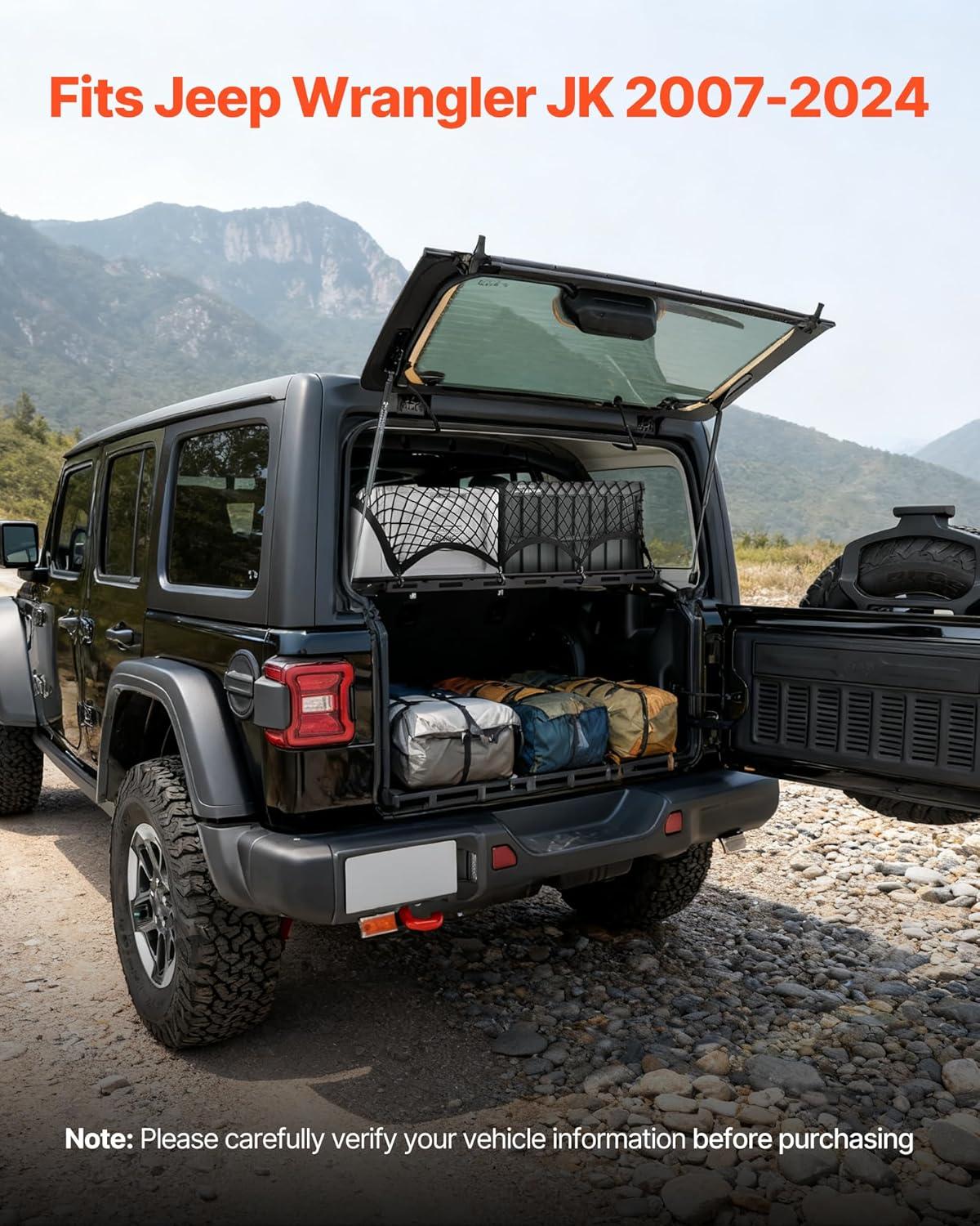 image:imageVEVOR Rear Trunk Cargo Rack with Net 20072024 Jeep Wrangler JK 4 Door hardtops 300 lbs Capacity Carbon Steel Basket Tray Interior Storage Luggage Carrier Shelf Stand OrganizerJeep JK20072024