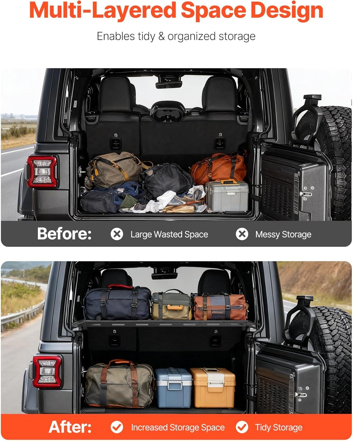 image:imageVEVOR Rear Trunk Cargo Rack with Net 20072024 Jeep Wrangler JK 4 Door hardtops 300 lbs Capacity Carbon Steel Basket Tray Interior Storage Luggage Carrier Shelf Stand OrganizerJeep JK20072024