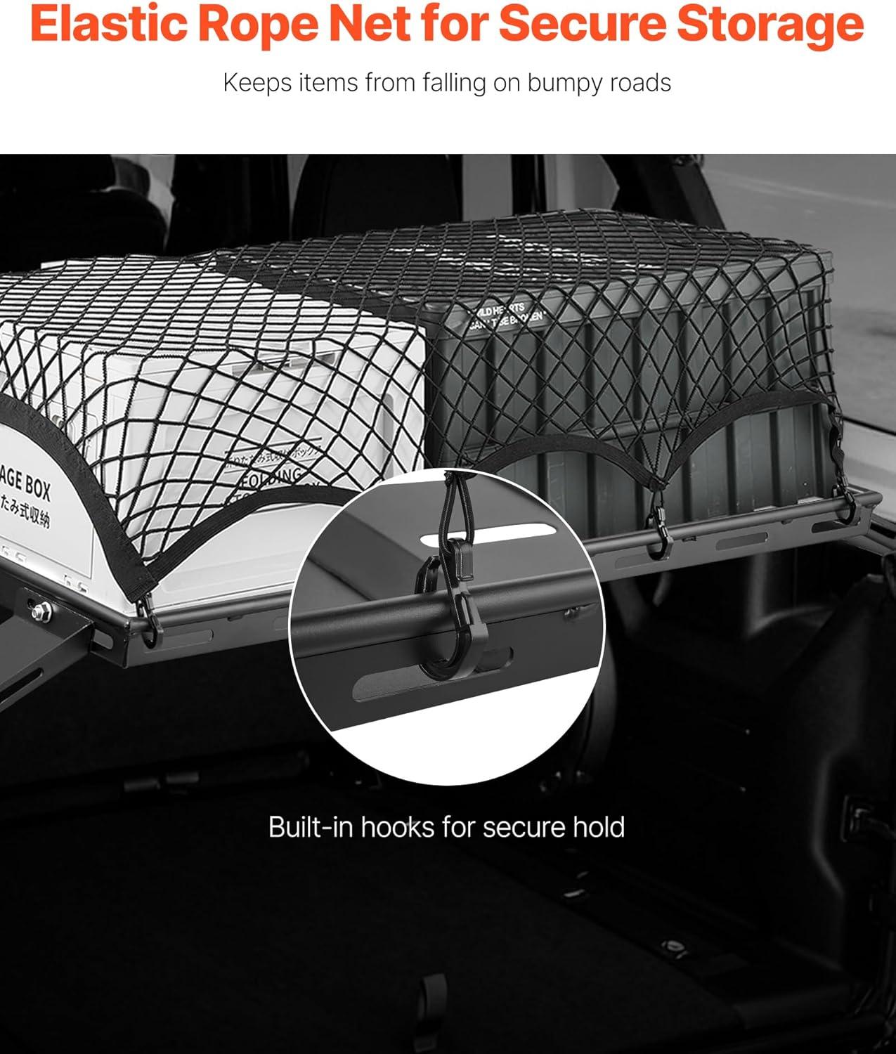 image:imageVEVOR Rear Trunk Cargo Rack with Net 20072024 Jeep Wrangler JK 4 Door hardtops 300 lbs Capacity Carbon Steel Basket Tray Interior Storage Luggage Carrier Shelf Stand OrganizerJeep JK20072024