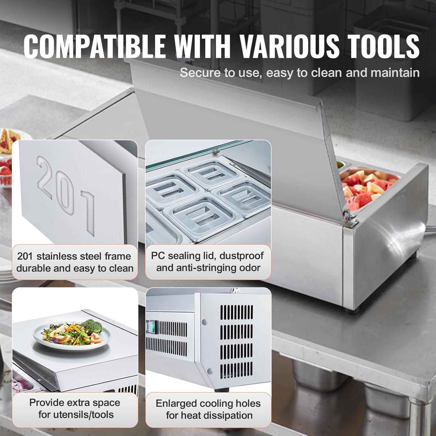 image:imageVEVOR Refrigerated Condiment Prep Station 135 W Countertop Refrigerated Condiment Station with 2 13 Pans amp 4 16 Pans 304 Stainless Body and PC Lid Sandwich Prep Table with Stainless Guard ETL