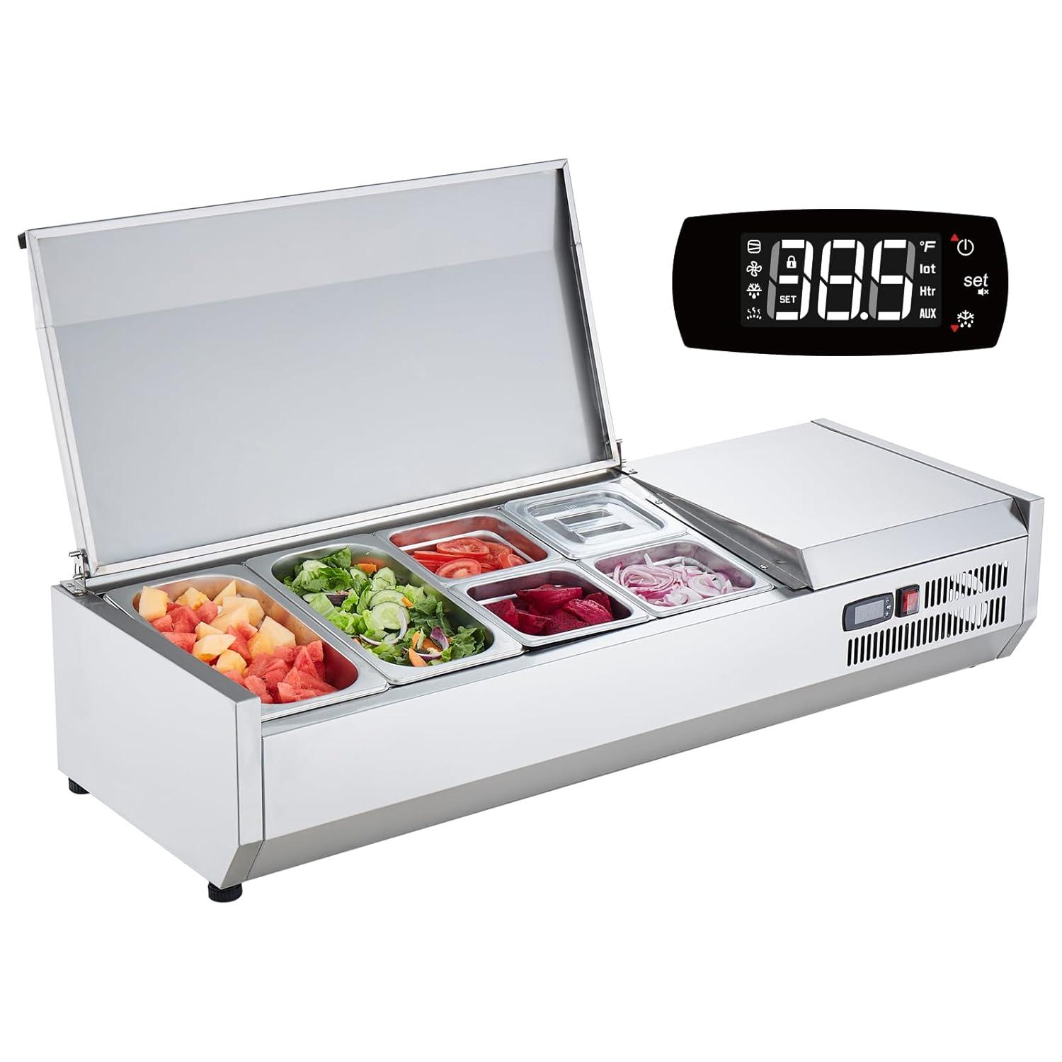 image:imageVEVOR Refrigerated Condiment Prep Station 135 W Countertop Refrigerated Condiment Station with 2 13 Pans amp 4 16 Pans 304 Stainless Body and PC Lid Sandwich Prep Table with Stainless Guard ETL