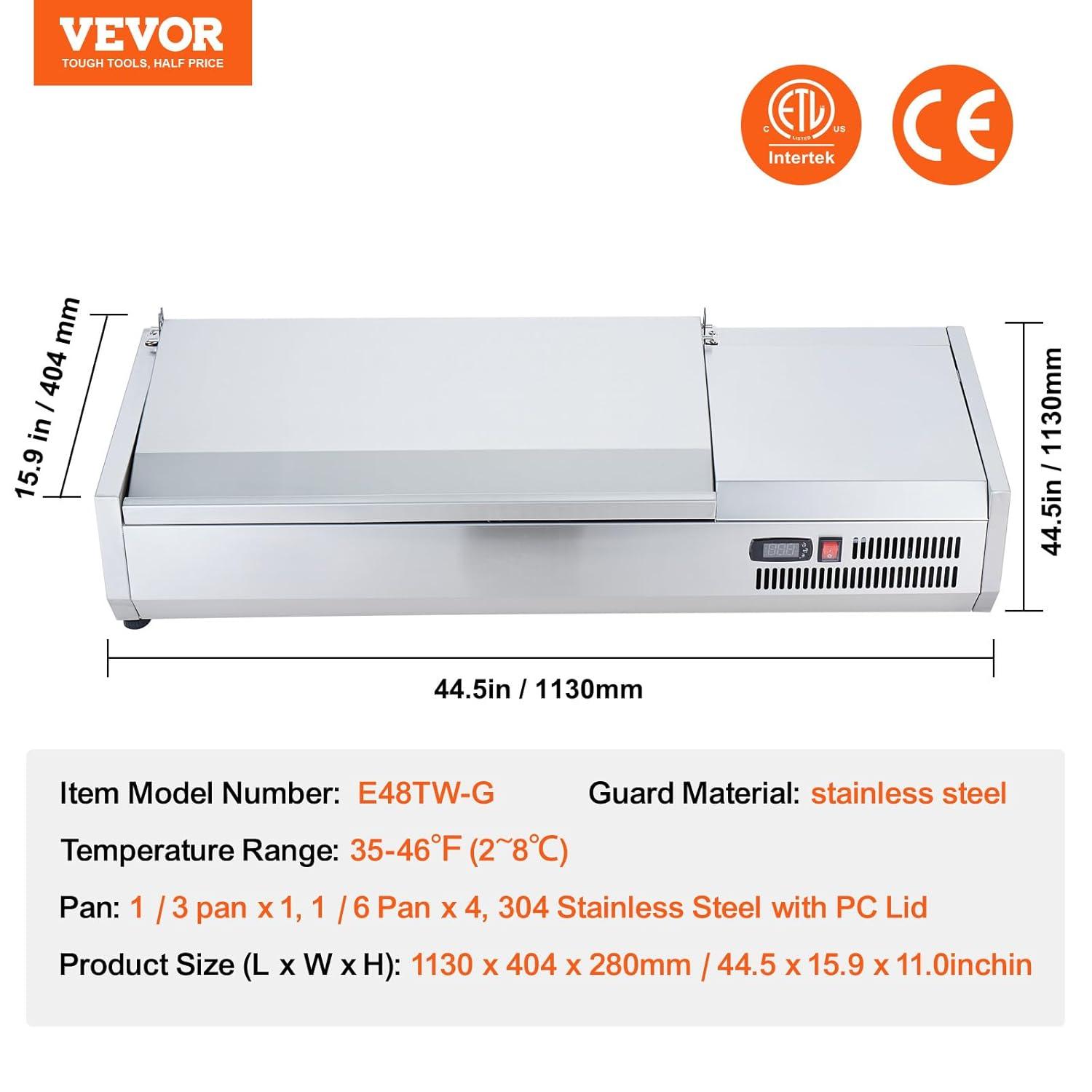 image:imageVEVOR Refrigerated Condiment Prep Station 135 W Countertop Refrigerated Condiment Station with 2 13 Pans amp 4 16 Pans 304 Stainless Body and PC Lid Sandwich Prep Table with Stainless Guard ETL