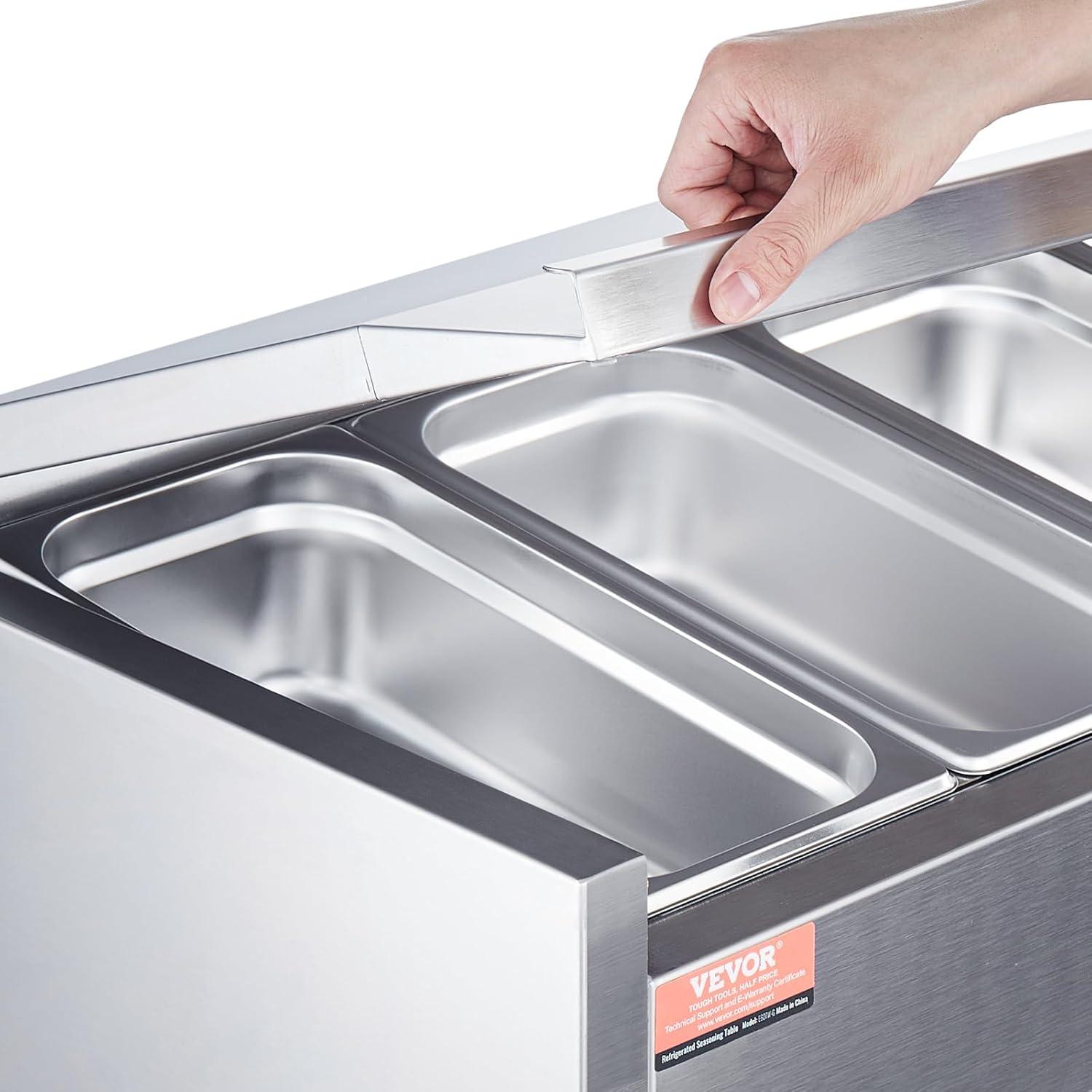 image:imageVEVOR Refrigerated Condiment Prep Station 135 W Countertop Refrigerated Condiment Station with 2 13 Pans amp 4 16 Pans 304 Stainless Body and PC Lid Sandwich Prep Table with Stainless Guard ETL