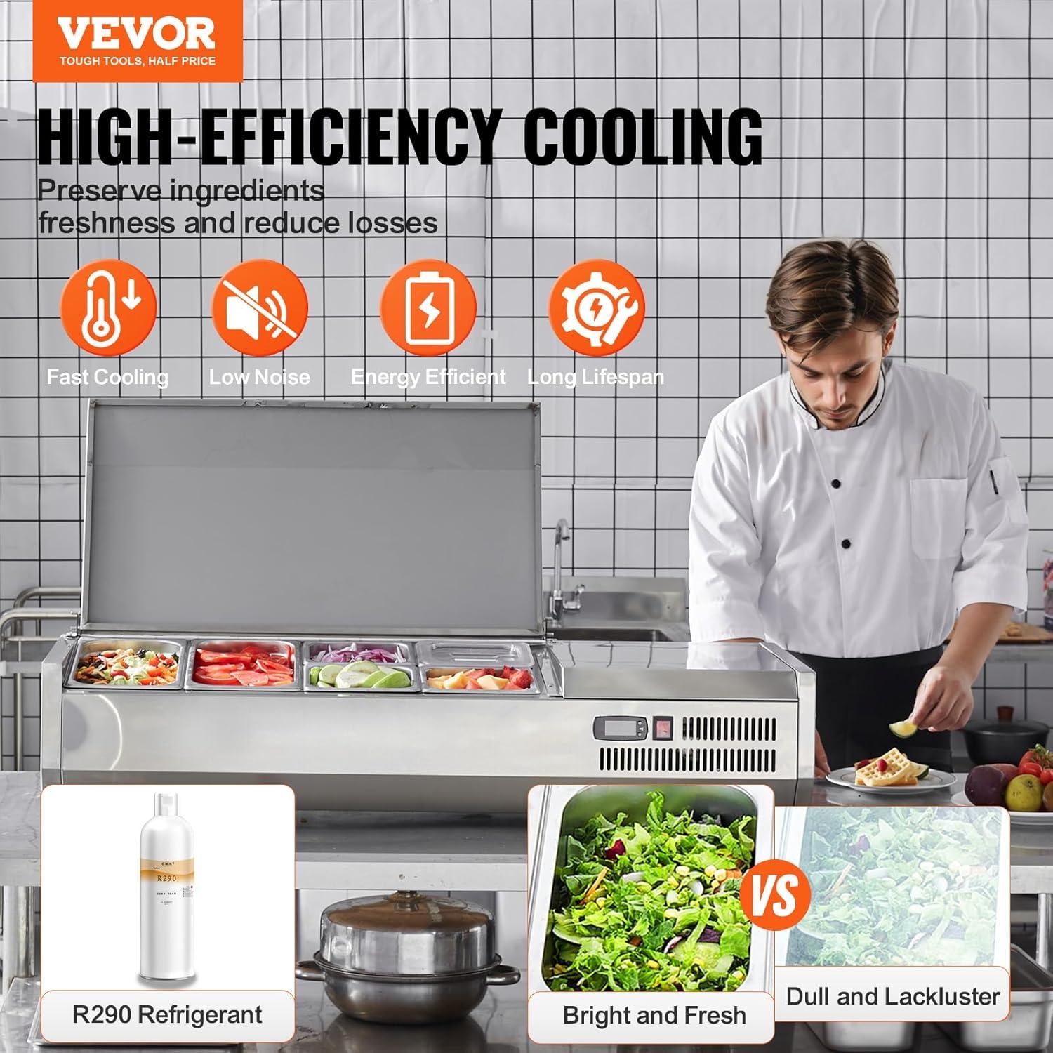 image:imageVEVOR Refrigerated Condiment Prep Station 135 W Countertop Refrigerated Condiment Station with 2 13 Pans amp 4 16 Pans 304 Stainless Body and PC Lid Sandwich Prep Table with Stainless Guard ETL