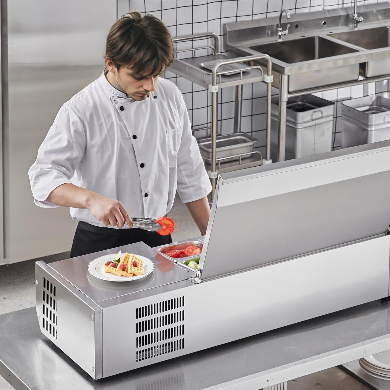 image:imageVEVOR Refrigerated Condiment Prep Station 135 W Countertop Refrigerated Condiment Station with 2 13 Pans amp 4 16 Pans 304 Stainless Body and PC Lid Sandwich Prep Table with Stainless Guard ETL