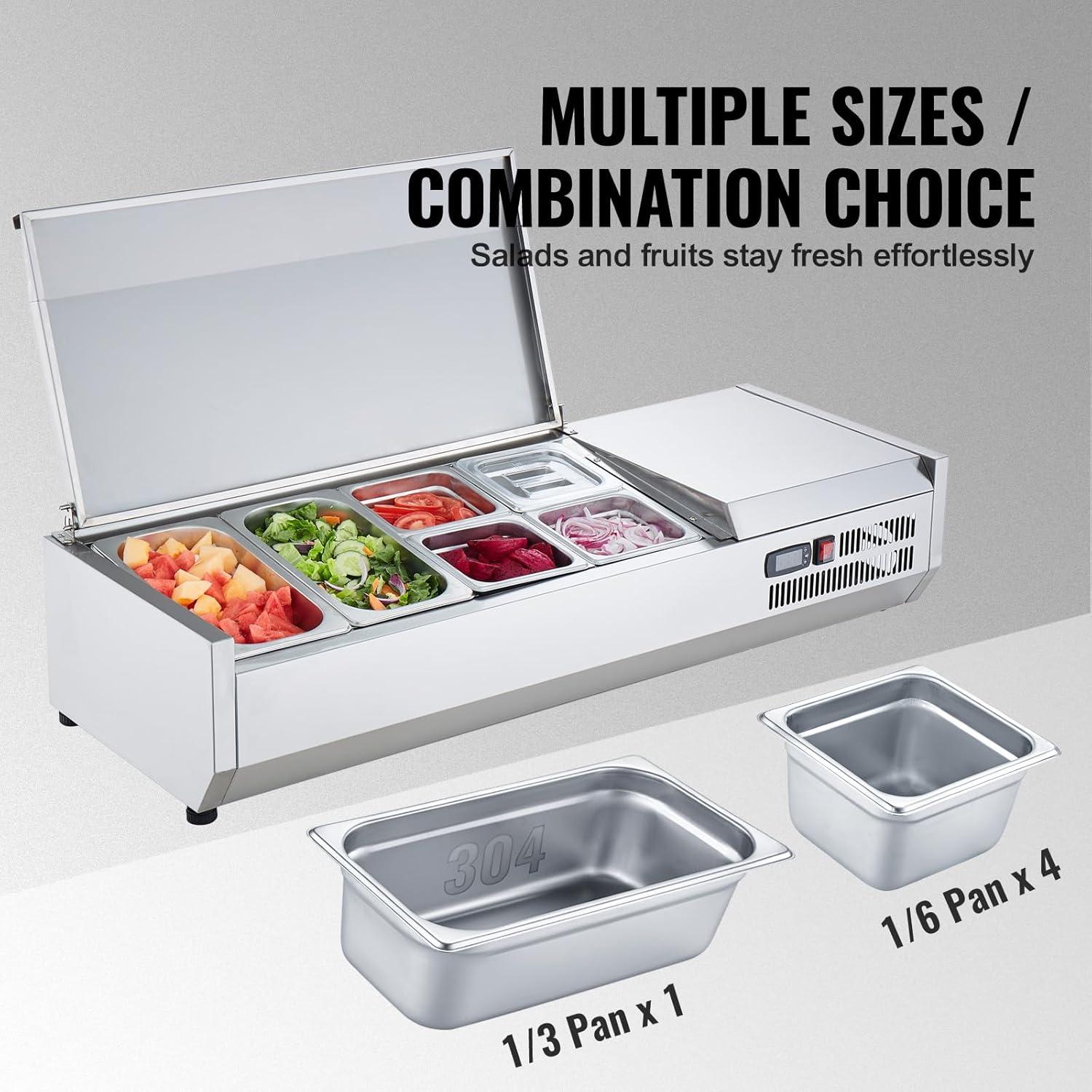 image:imageVEVOR Refrigerated Condiment Prep Station 135 W Countertop Refrigerated Condiment Station with 2 13 Pans amp 4 16 Pans 304 Stainless Body and PC Lid Sandwich Prep Table with Stainless Guard ETL