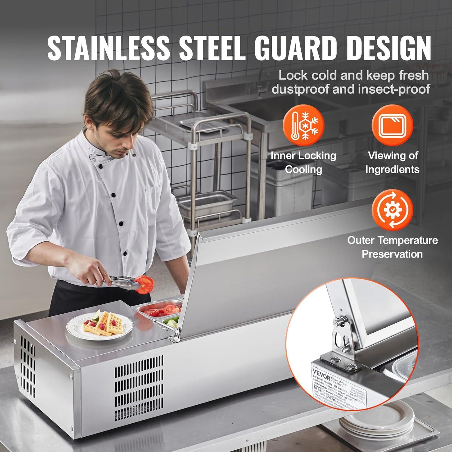 image:imageVEVOR Refrigerated Condiment Prep Station 135 W Countertop Refrigerated Condiment Station with 2 13 Pans amp 4 16 Pans 304 Stainless Body and PC Lid Sandwich Prep Table with Stainless Guard ETL