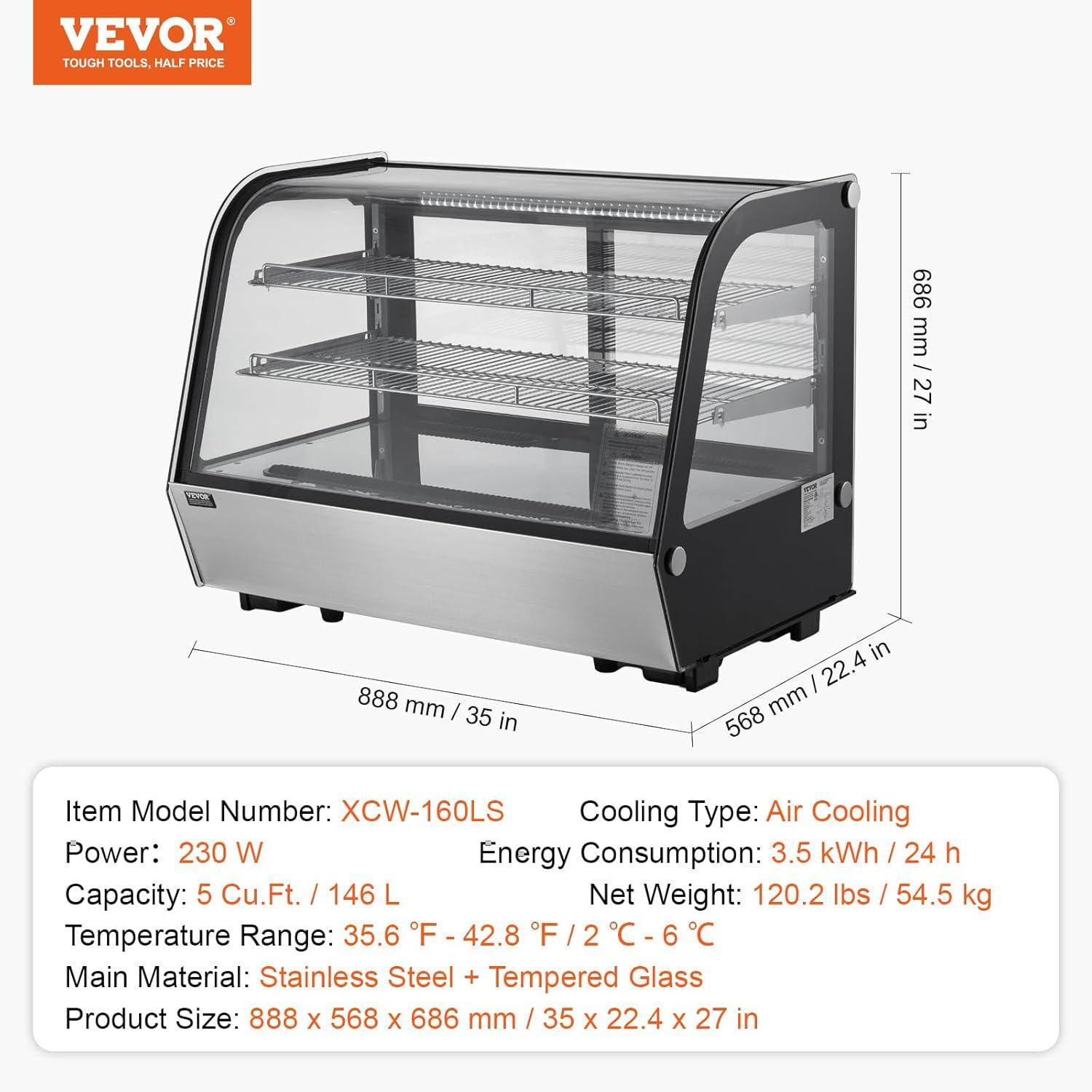 image:imageVEVOR Refrigerated Display Case 35 CuFt100L 2Tier Countertop Pastry Display Case Commercial Display Refrigerator with LED Lighting TURBO Cooling FrostFree AirCooling Rear Sliding Door5 CuFt