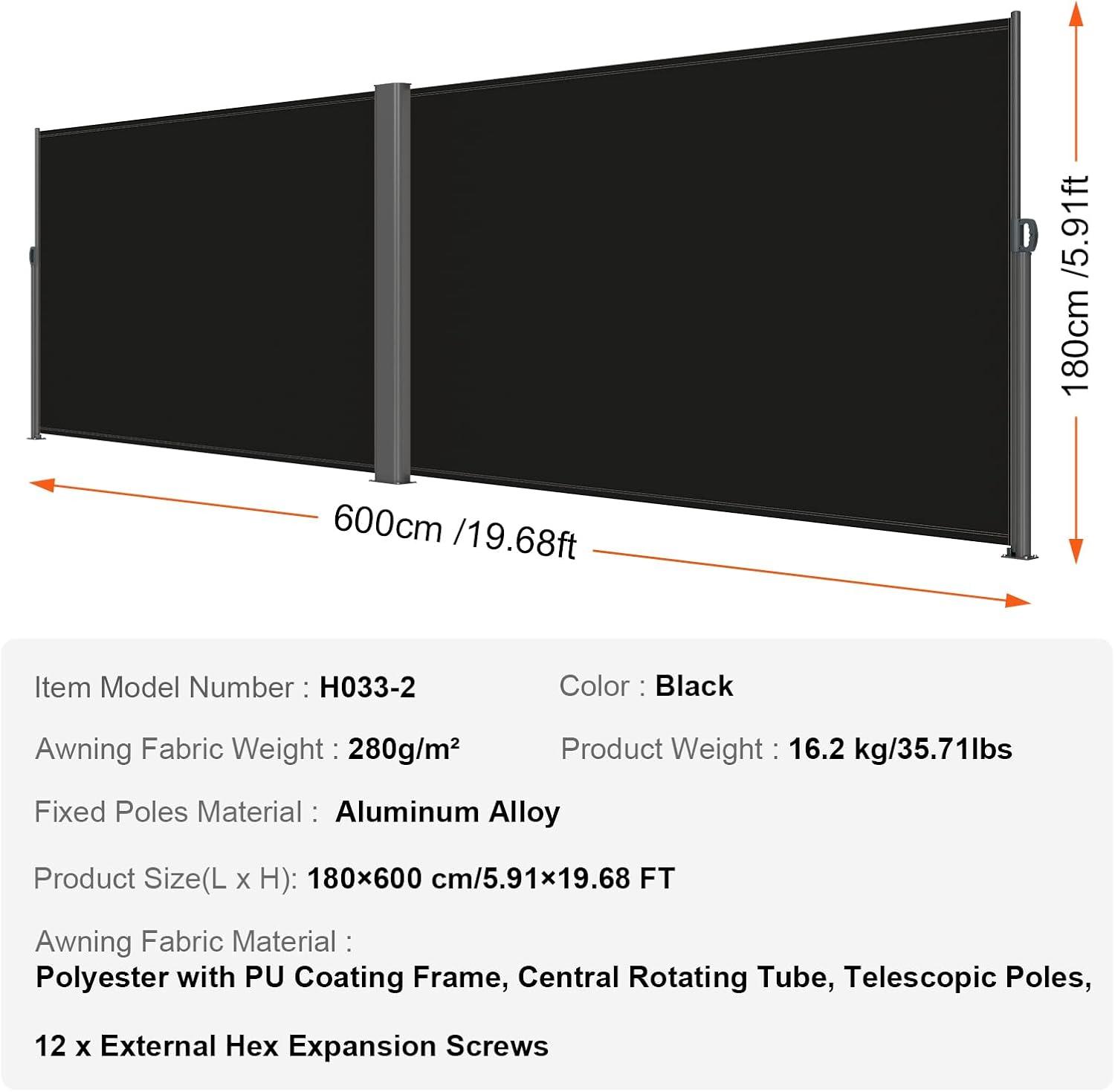 image:imageVEVOR Retractable Side Awning UV 50 71x236 Rugged Full Aluminum RustProof Side Awning Patio Sunshine Privacy Divider 280 g Thicken Wind Screen for Courtyard Roof Terraces Pools BeigeBlack