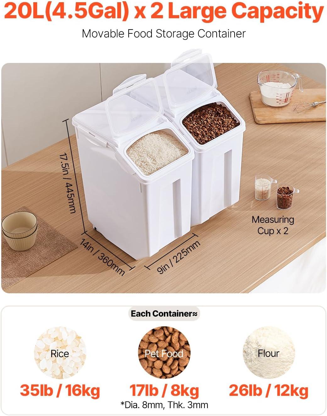 image:imageVEVOR Rice Storage Container 45Gallon20L x2 Capacity Large Dog Food Dispenser Bin Kitchen Ingredient Grain Cereal Flour Bin Pet food Containers with Wheels 2 Measuring Cups Airtight Lid 2 Pack45 Gallon2
